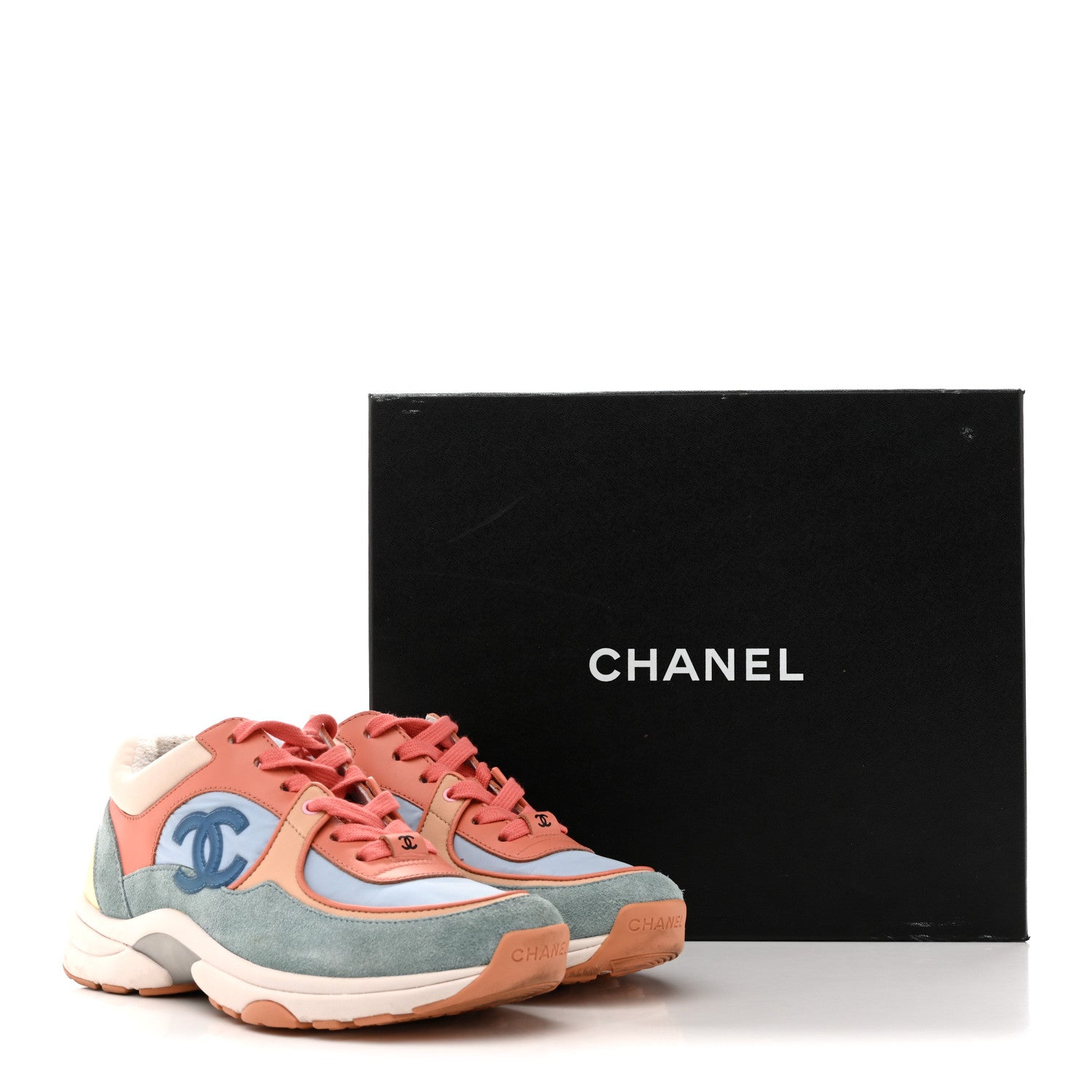 Nylon Lambskin Suede Calfskin CC Sneakers 35 Coral Light Blue White