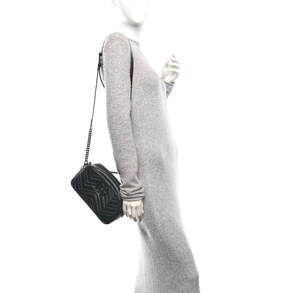 Gucci Calfskin Matelasse Monochrome Mini GG Marmont Shoulder Bag Black