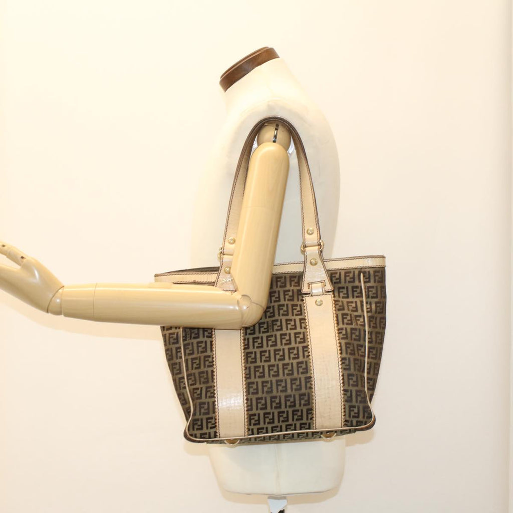 FENDI Zucchino Canvas Shoulder Bag Leather Brown  ac2009
