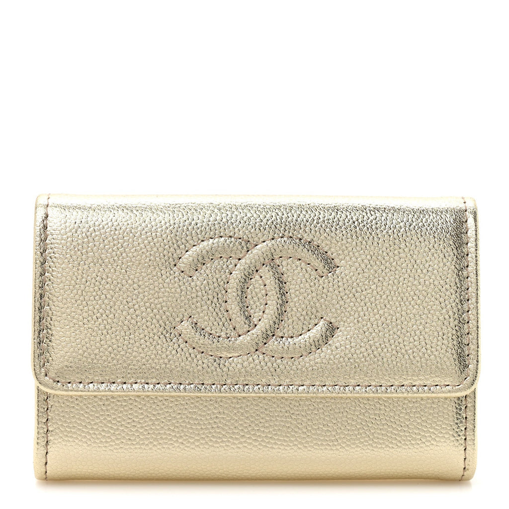 Metallic Caviar Quilted CC Flap Card Holder Gold