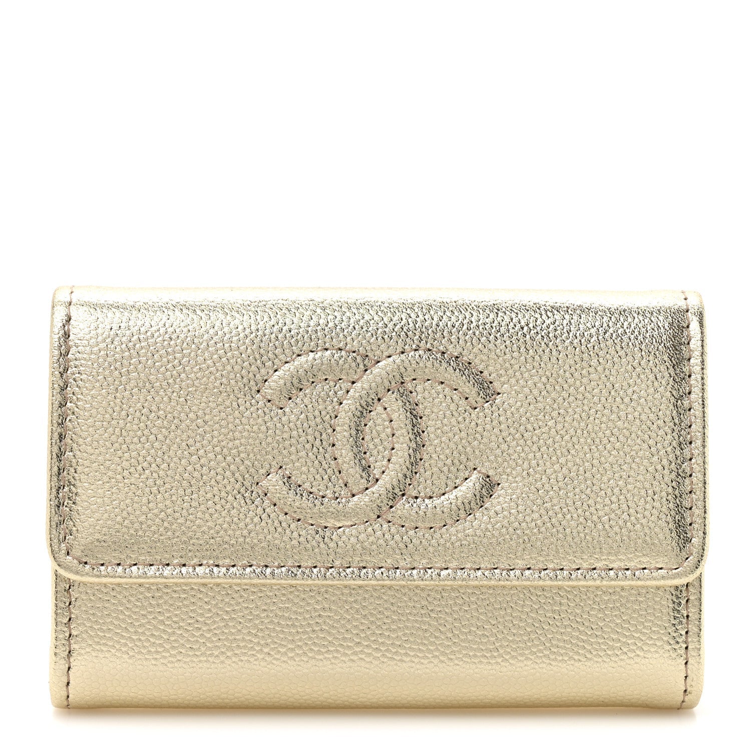 Metallic Caviar Quilted CC Flap Card Holder Gold