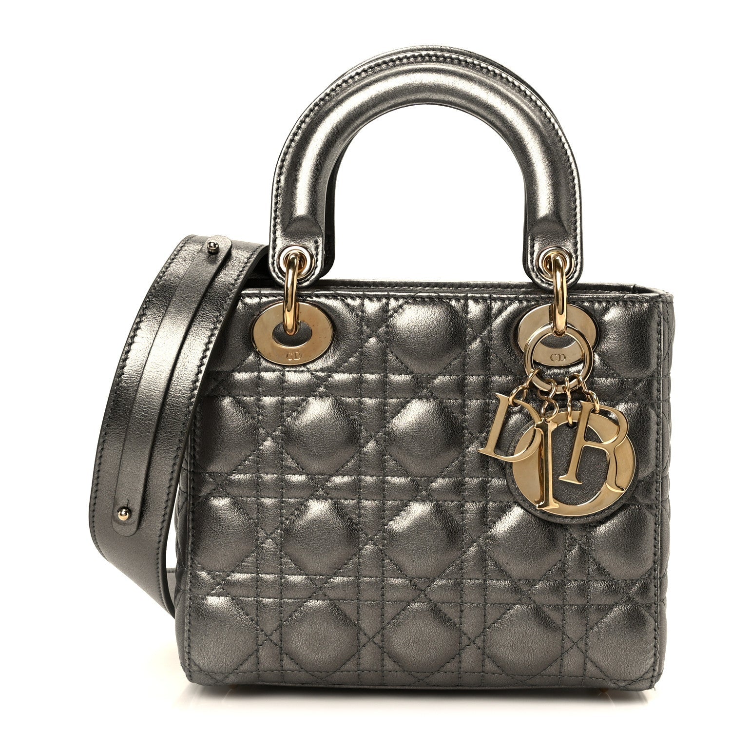 Christian Dior Metallic Lambskin Cannage Small My ABCDior Lady Dior Dark Silver