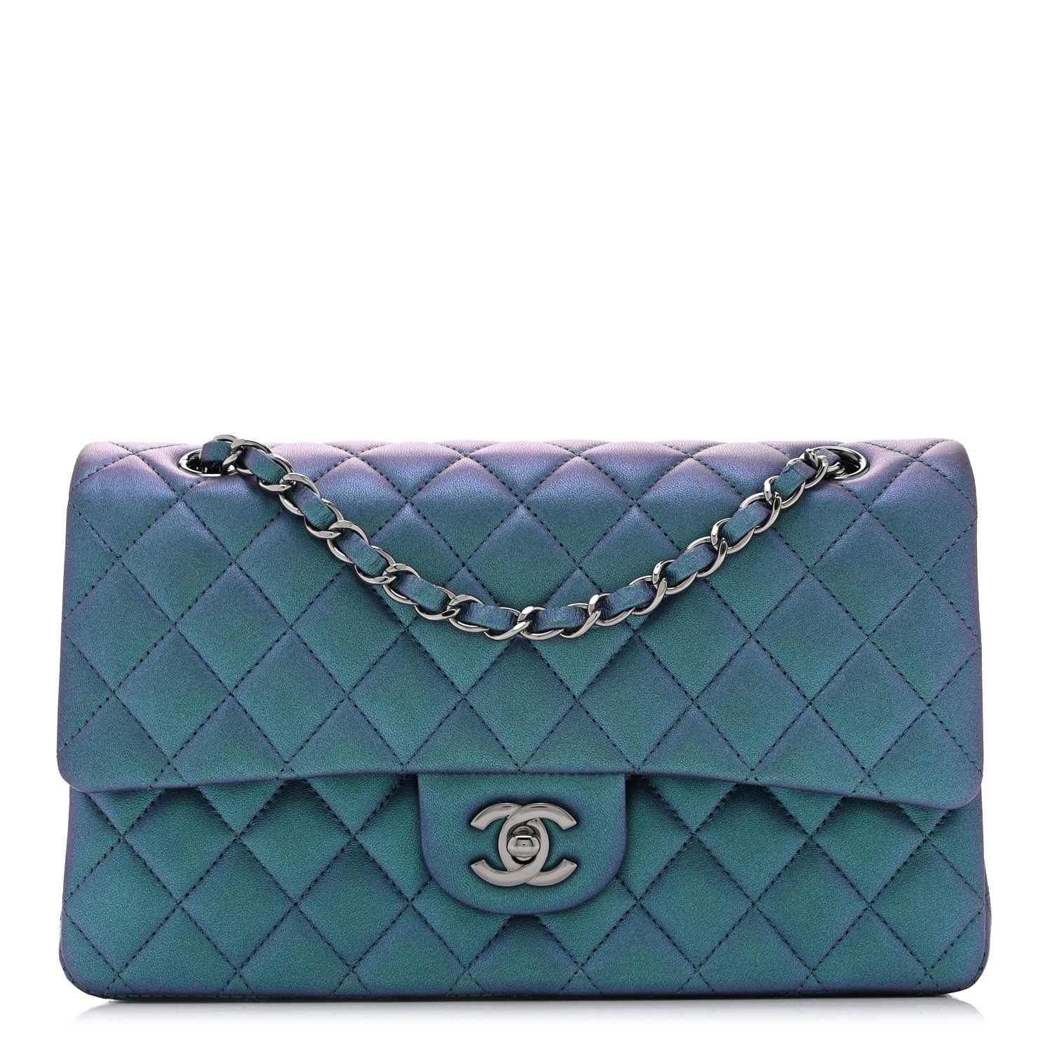 Chanel Iridescent Lambskin Quilted Medium Double Flap Turquoise