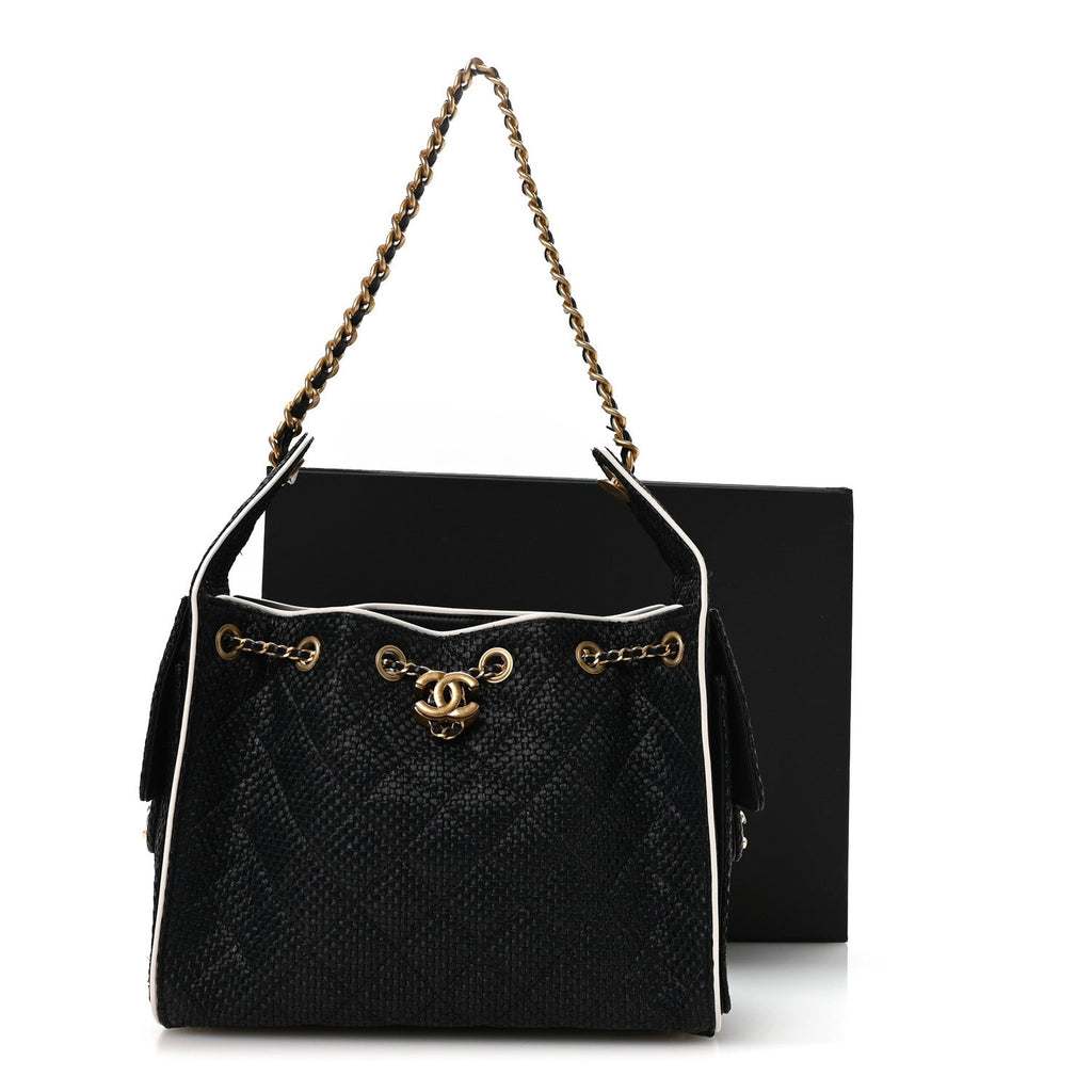 Chanel Braided Raffia Calfskin Small Chanel 25 Handbag Black White