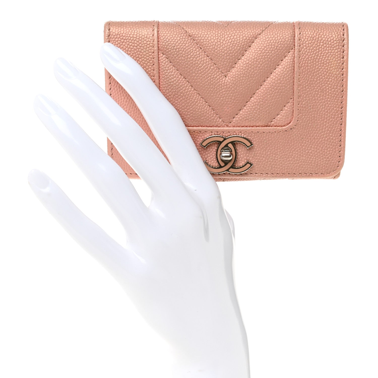 Metallic Caviar Chevron Quilted Vintage Mademoiselle Flap Card Holder Pink