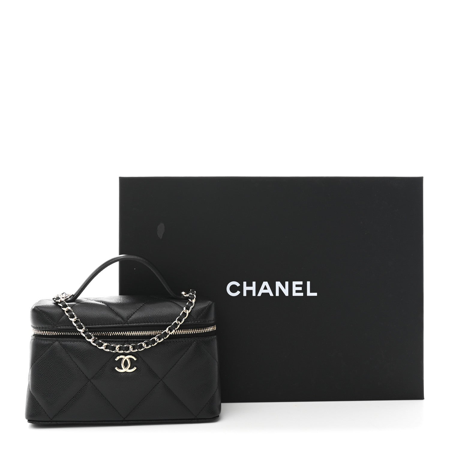 Chanel Caviar Quilted Top Handle Slim Vanity With Chain Black