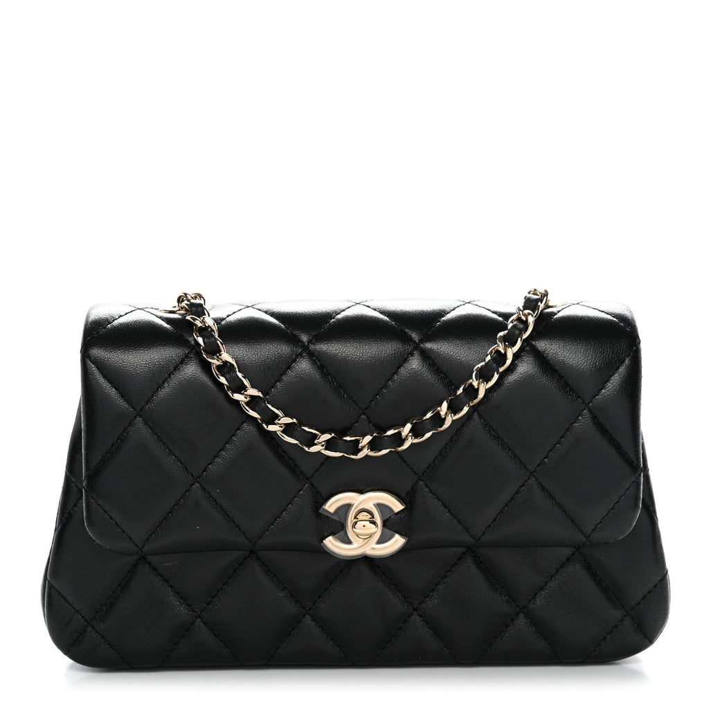 Chanel Lambskin Quilted Rectangular Phone Holder Clutch With Chain Black
