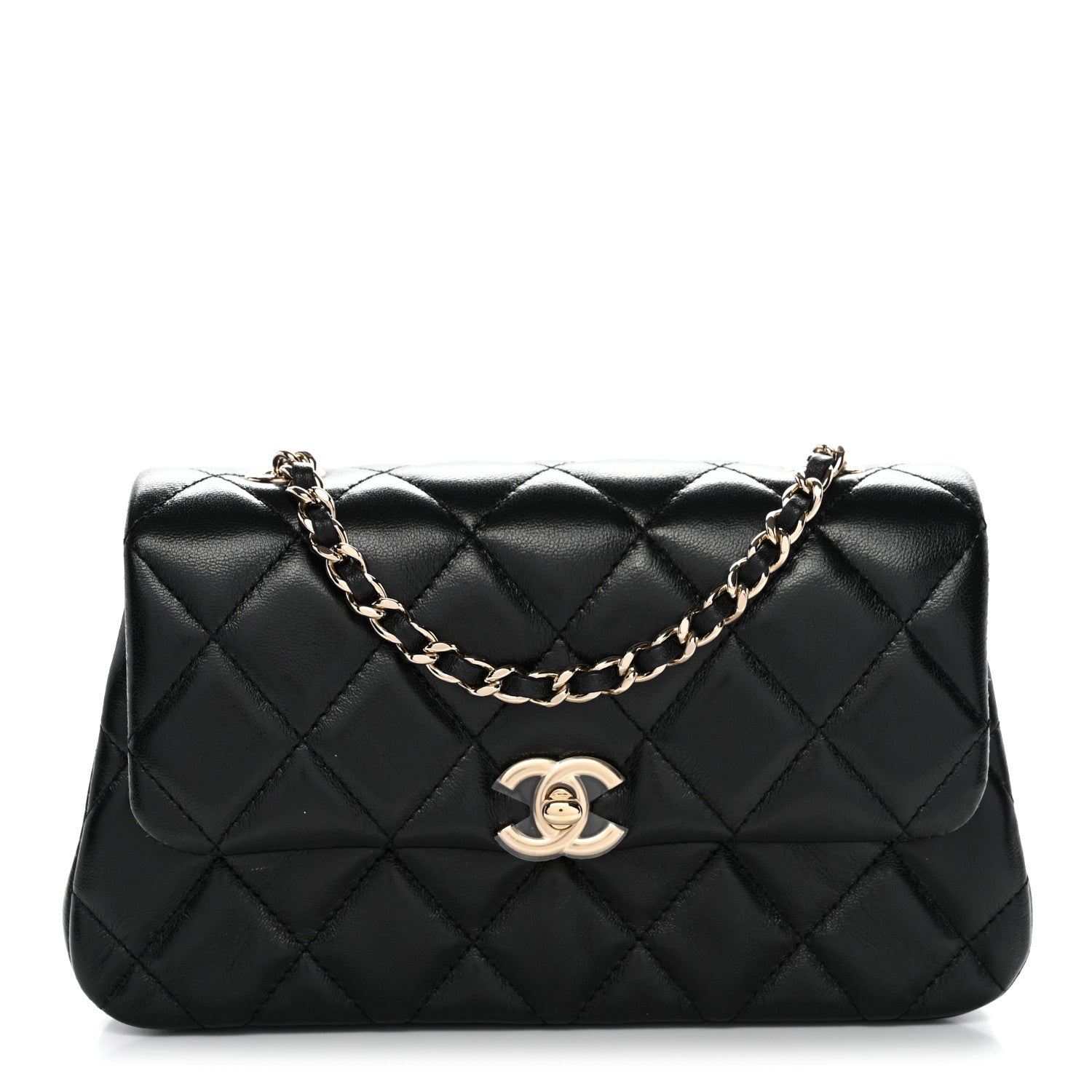Chanel Lambskin Quilted Rectangular Phone Holder Clutch With Chain Black