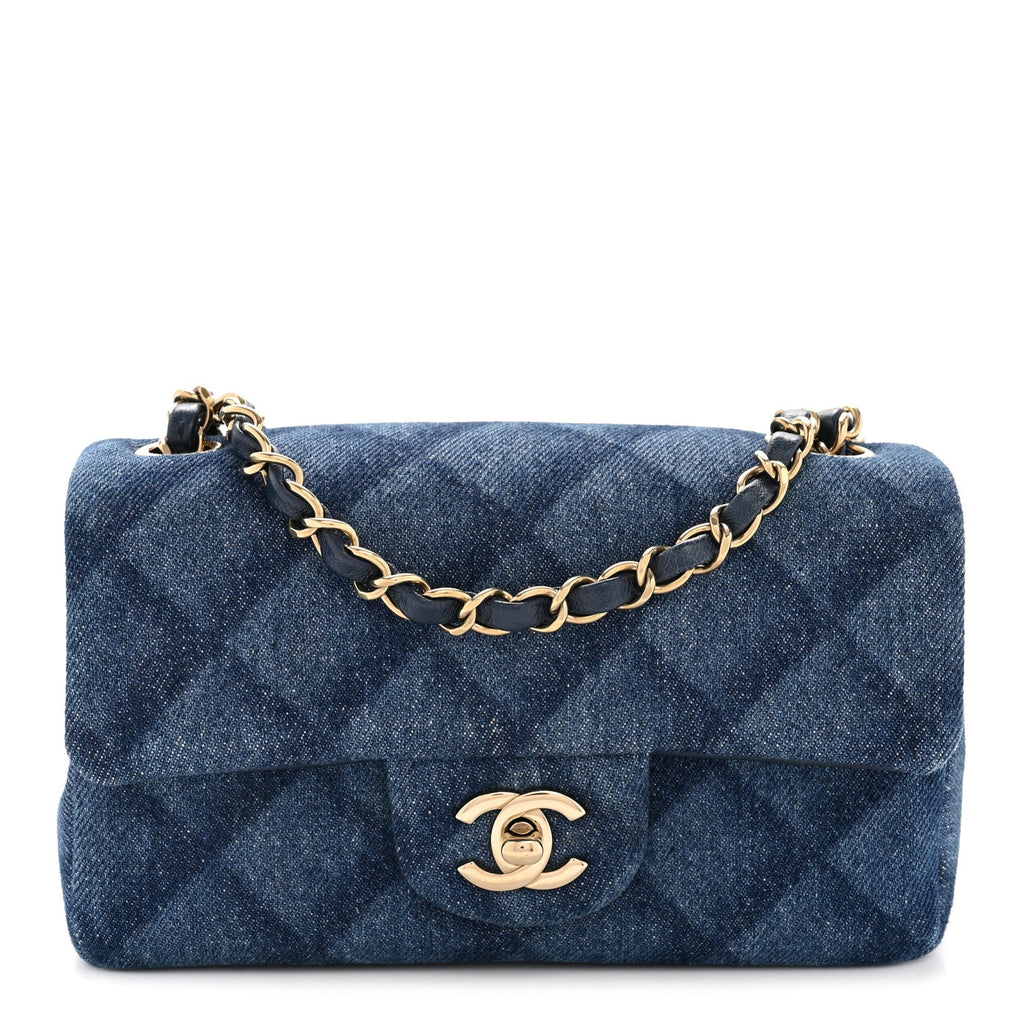 Chanel Printed Denim Quilted Mini Rectangular Flap Dark Blue