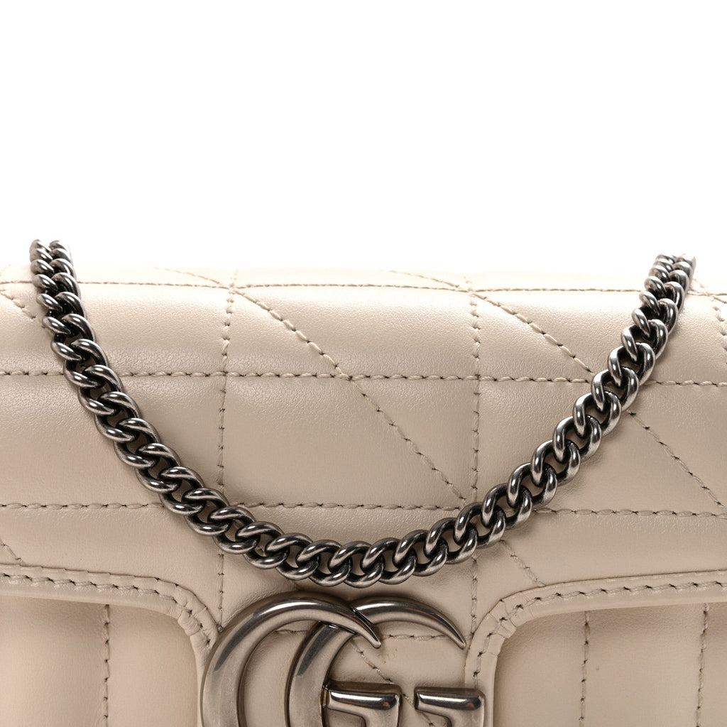 Gucci Calfskin Matelasse Aria Super Mini GG Marmont Shoulder Bag Mystic White