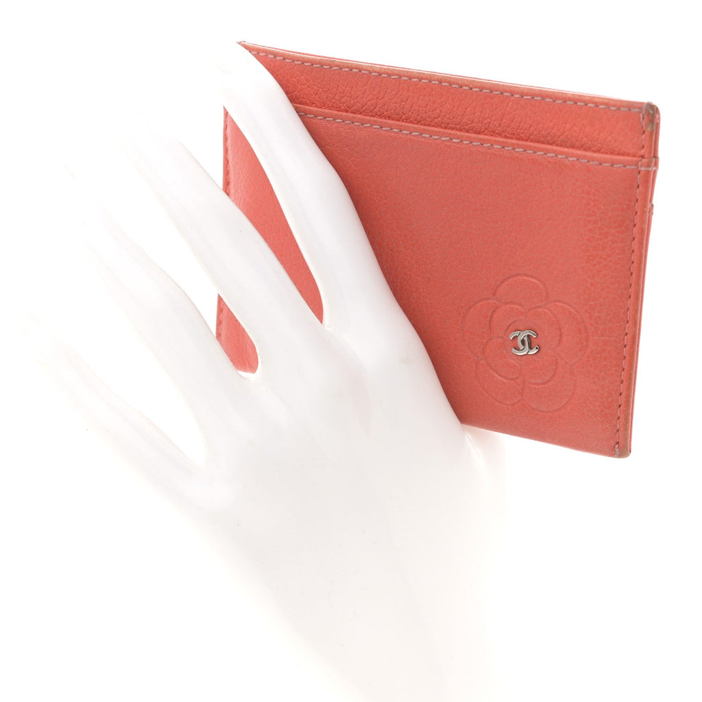 Goatskin Embossed Camellia Card Holder Coral