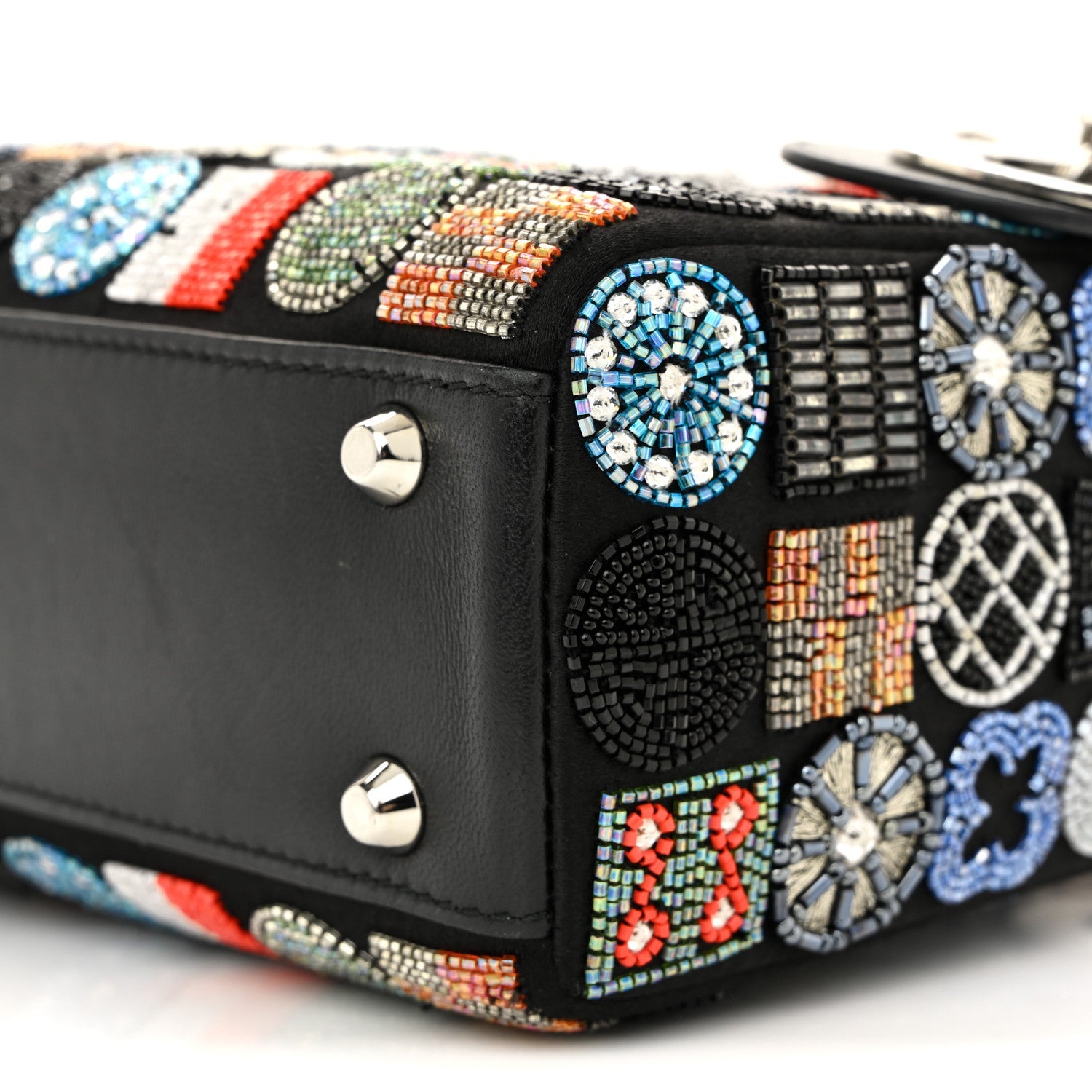 Christian Dior Satin Lambskin Embroidered Beaded Mini Lady Dior Black Multicolor