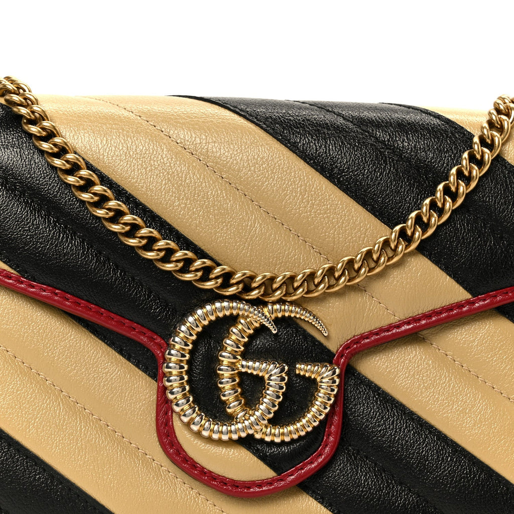 Gucci Azalea Calfskin Matelasse Diagonal Patchwork Torchon GG Marmont Chain Wallet Black Beige Romantic Cerise