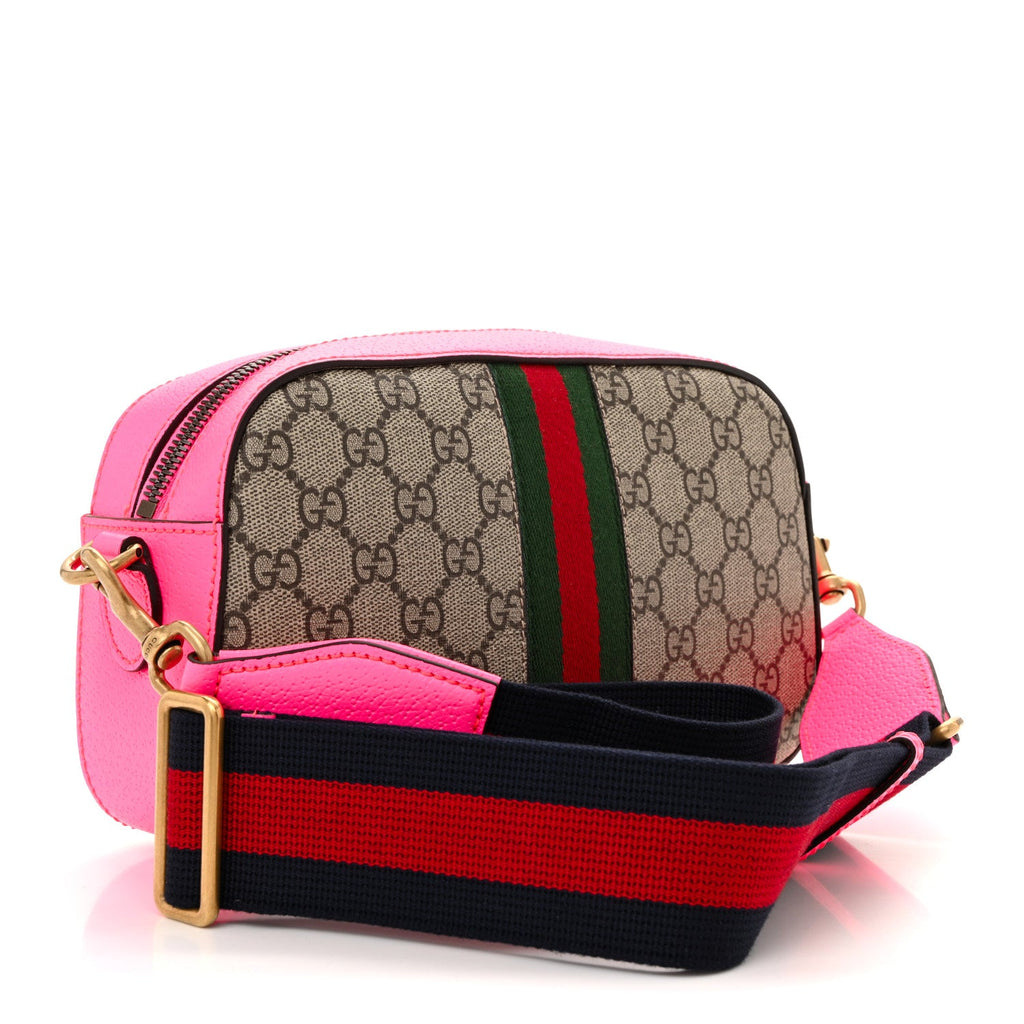 Gucci GG Supreme Monogram Textured Dollar Calfskin Web Ophidia Small Crossbody Bag Beige Ebony Fuchsia
