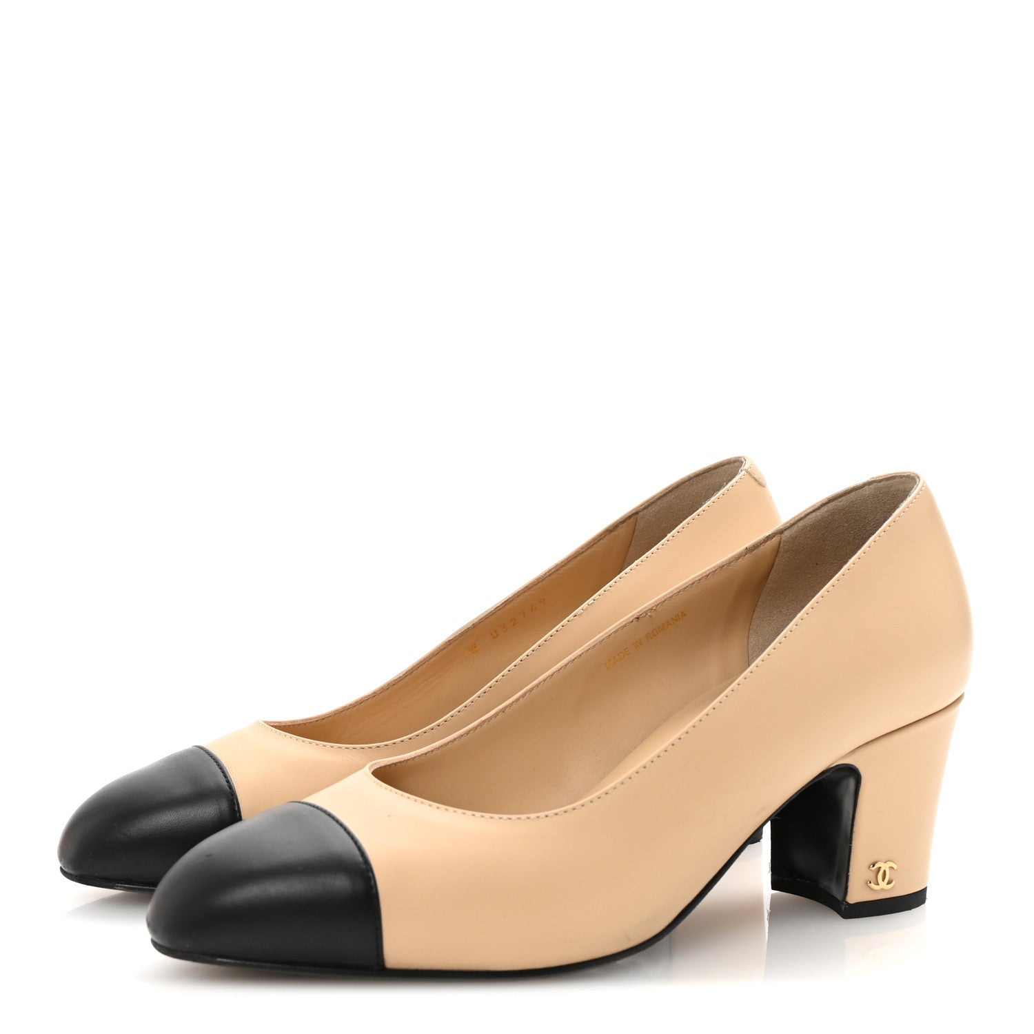 Lambskin Cap Toe CC Uniform Pumps 38 Beige Black