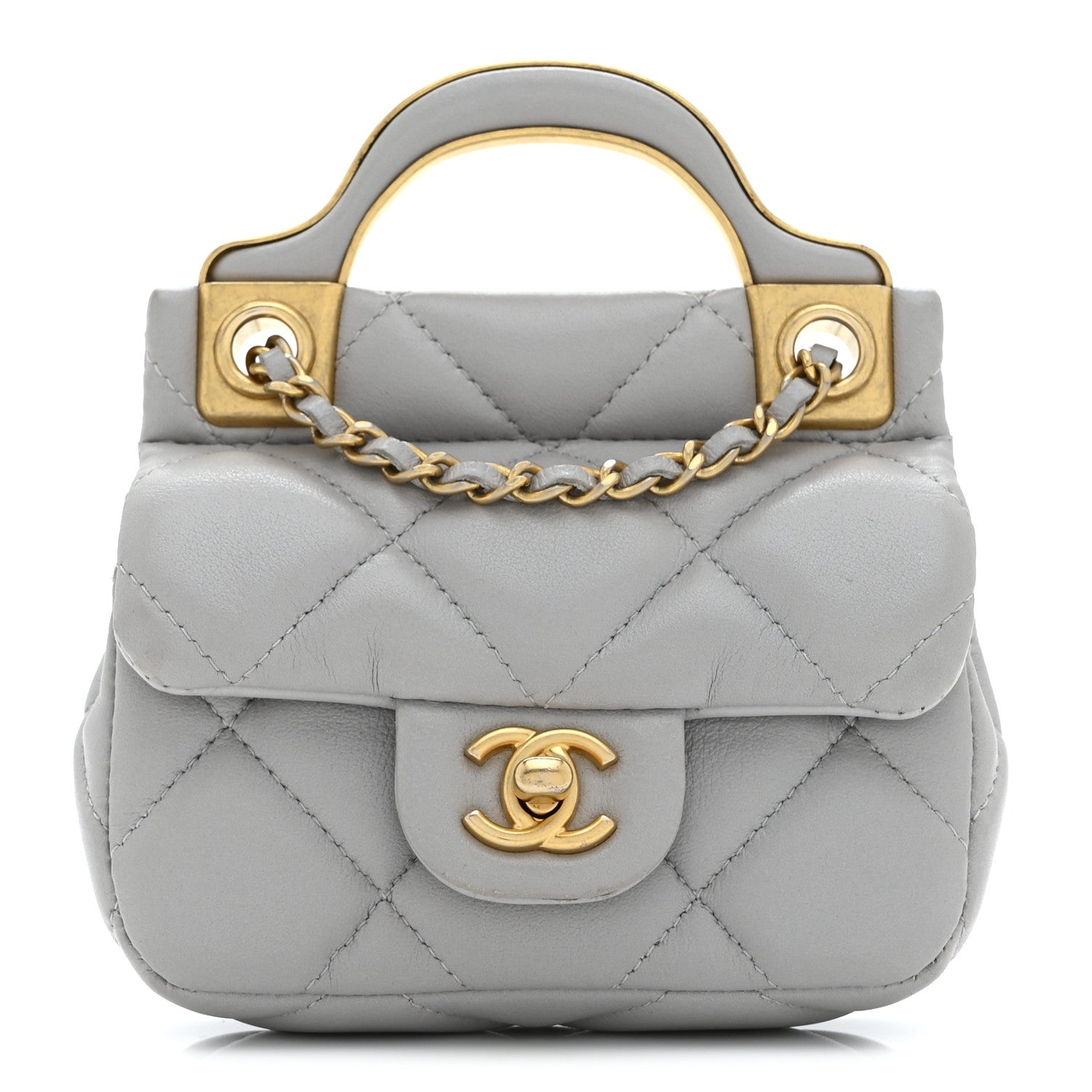 Chanel Calfskin Quilted Lady Handle Flap Card Holder With Chain Grey