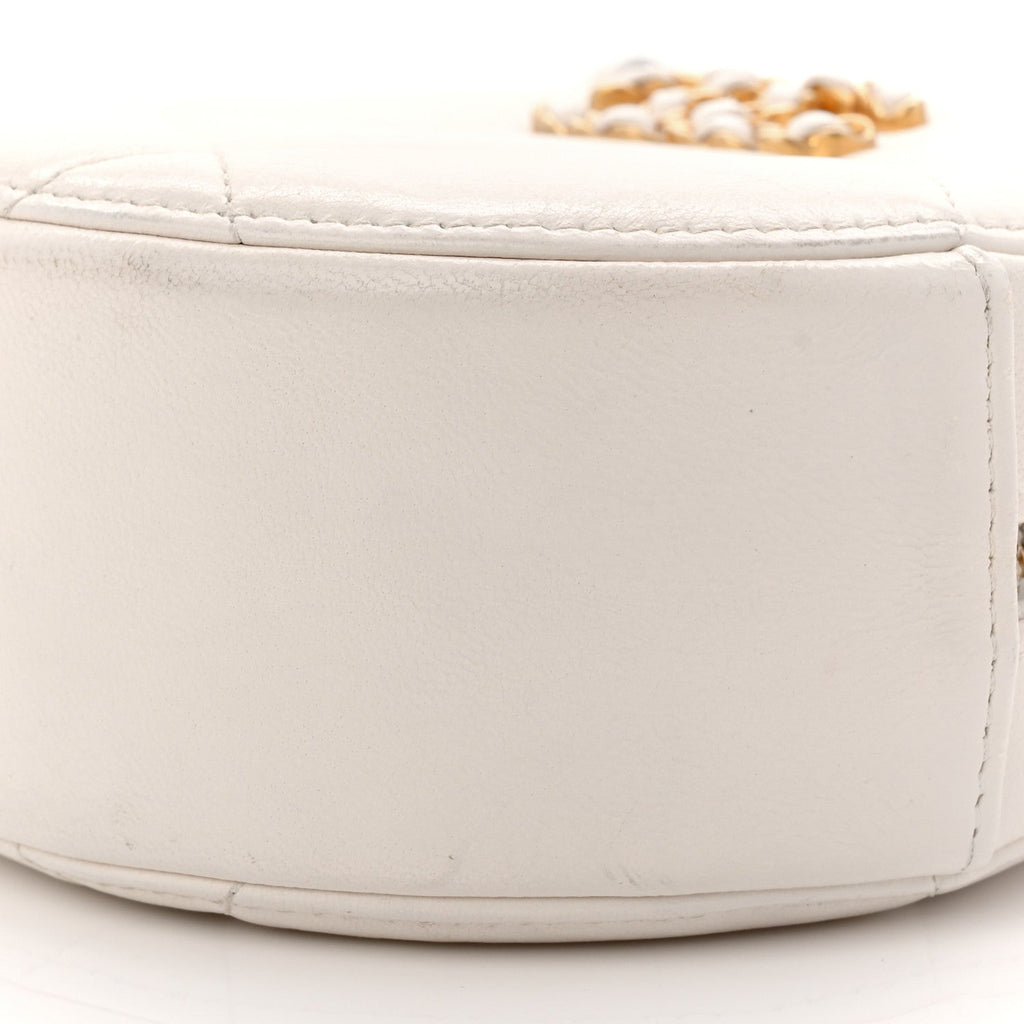 Chanel Shiny Goatskin Quilted Chanel 19 Round Clutch With Chain White
