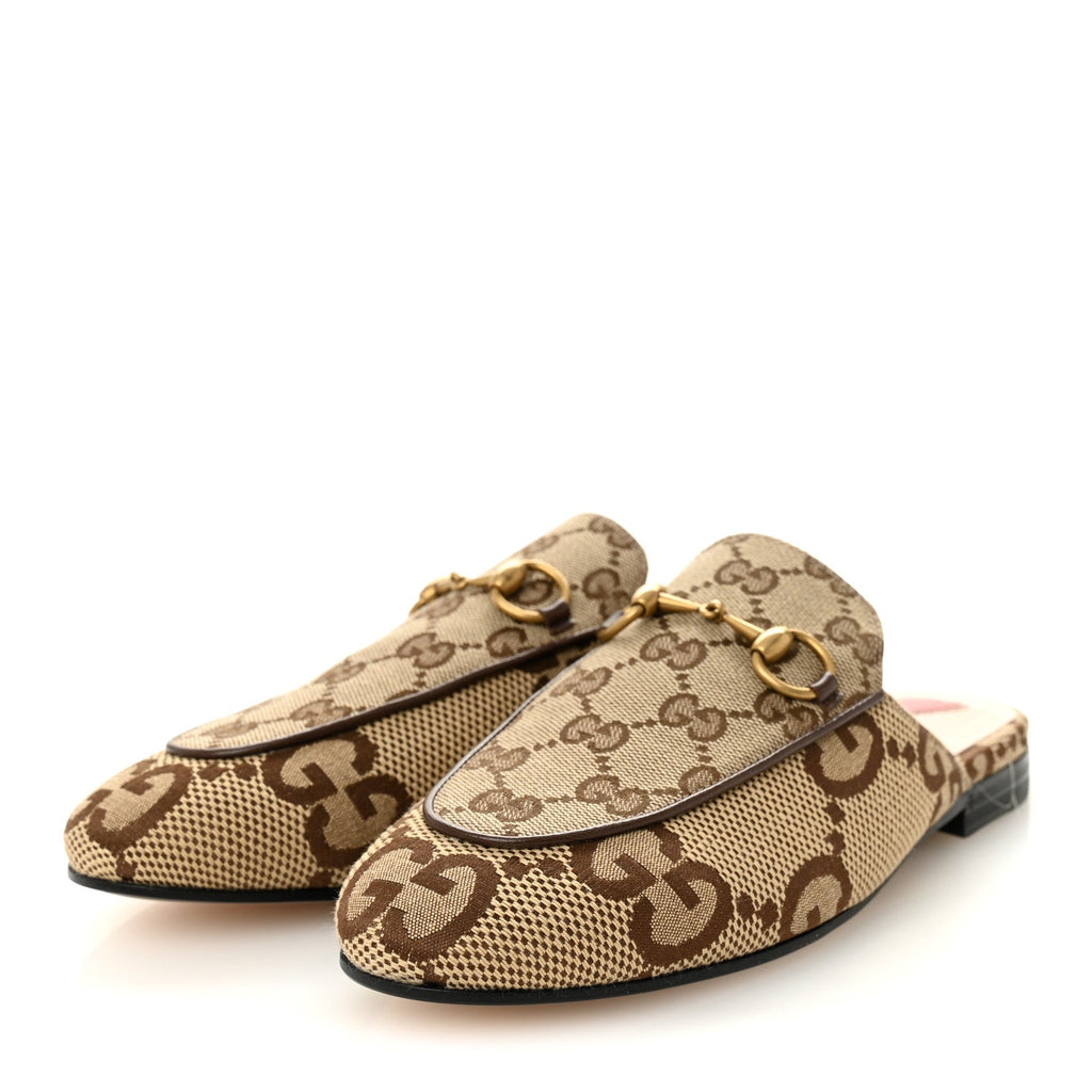 Gucci Monogram Jumbo GG Malaga Kid Womens Princetown Slippers 35 Camel Ebony New Acero Beige