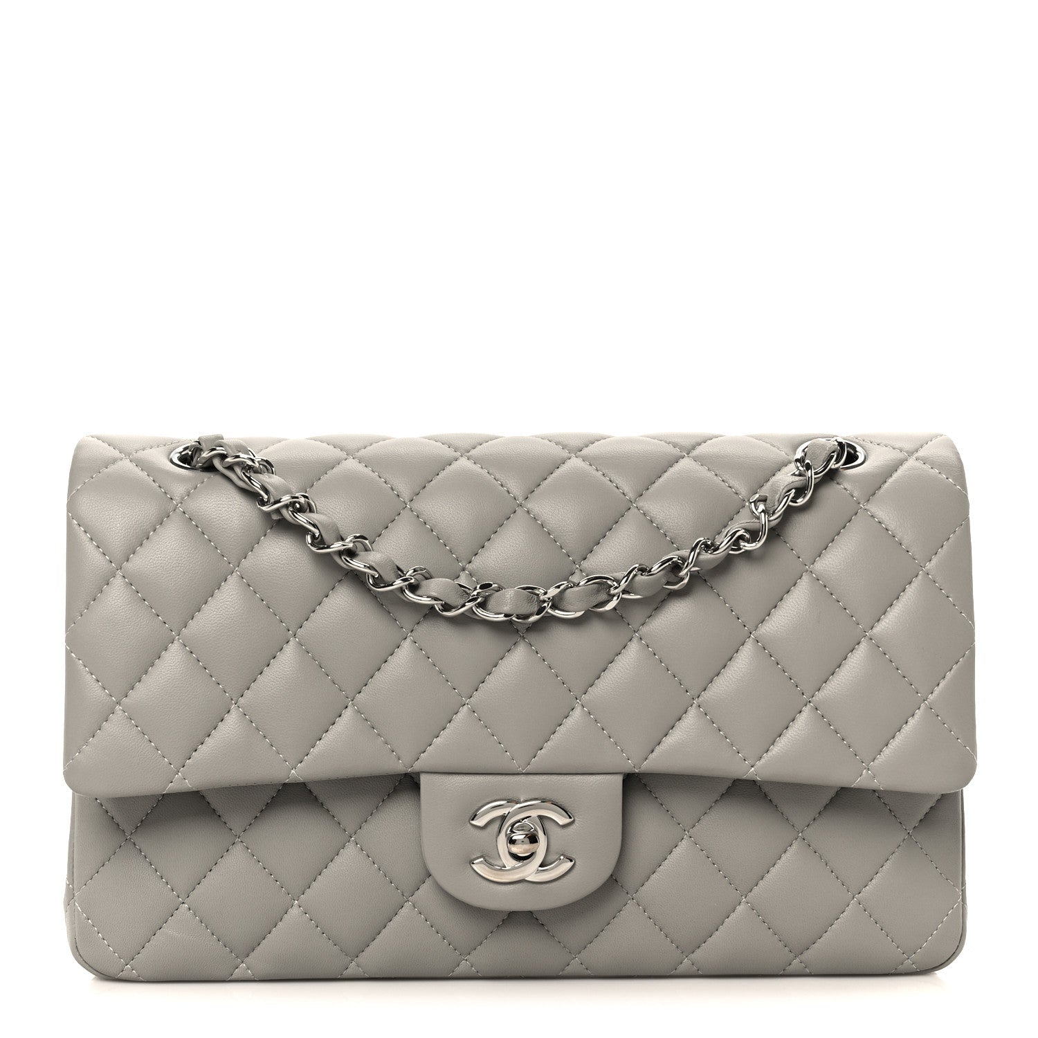 Chanel Lambskin Quilted Medium Double Flap Grey