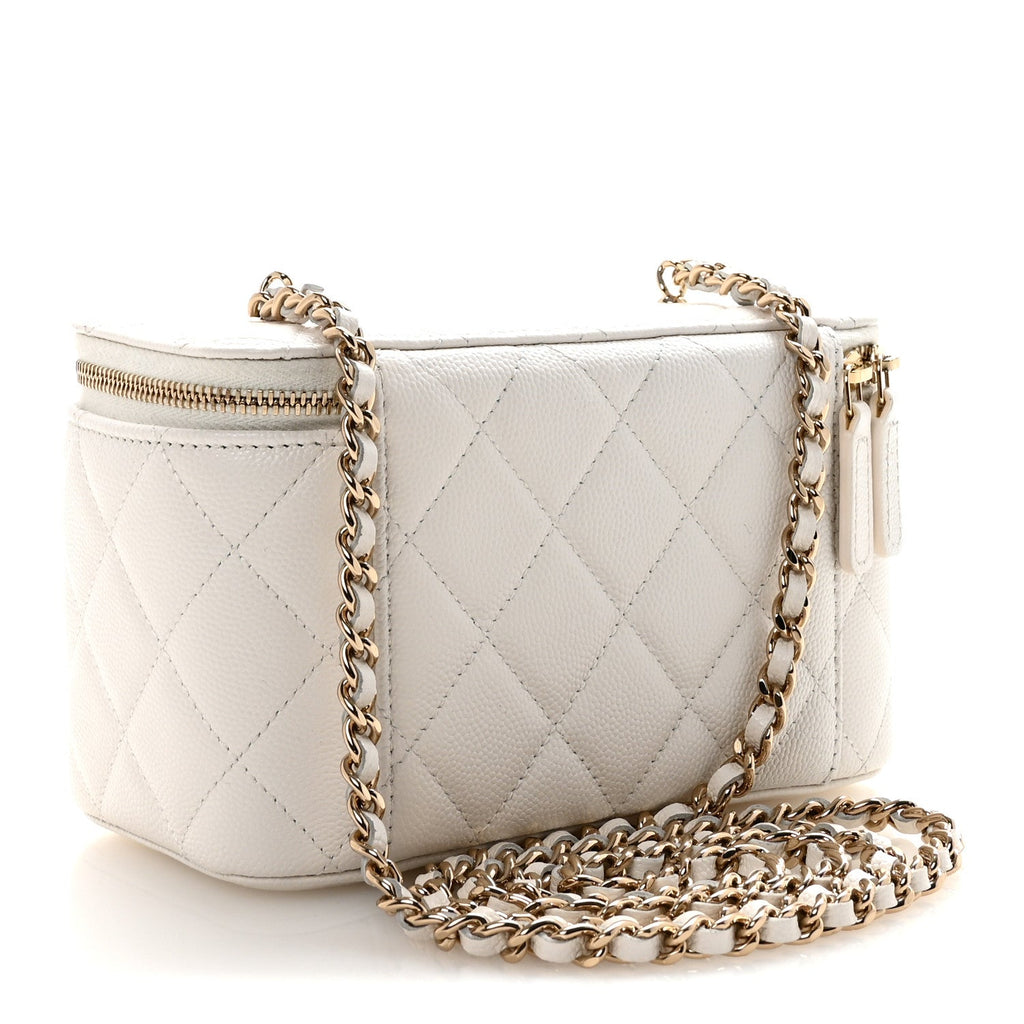 Chanel Caviar Quilted Crystal Hearts Small Vanity Case With Chain White