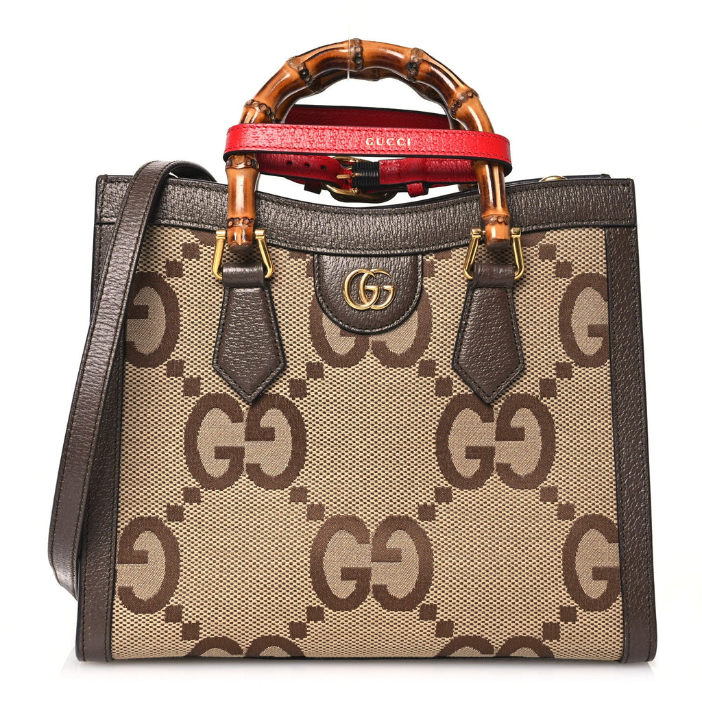 Gucci Monogram Jumbo GG Textured Dollar Calfskin Small Diana Tote Bag Camel Ebony New Acero