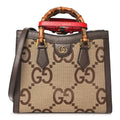 Gucci Monogram Jumbo GG Textured Dollar Calfskin Small Diana Tote Bag Camel Ebony New Acero
