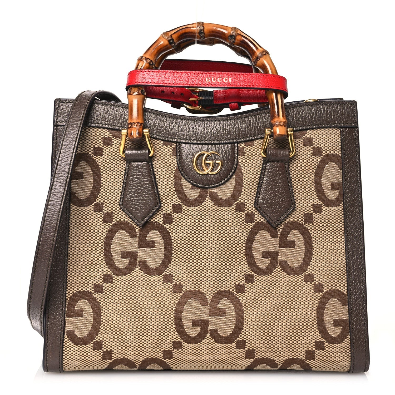 Gucci Monogram Jumbo GG Textured Dollar Calfskin Small Diana Tote Bag Camel Ebony New Acero