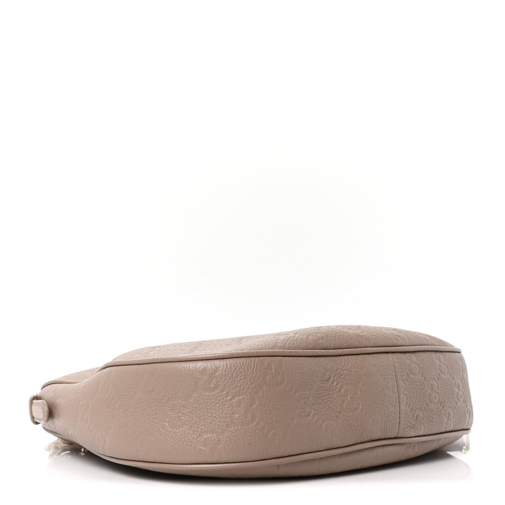 Gucci GG Grainy Calfskin Emblem Large Half Moon Shoulder Bag Taupe
