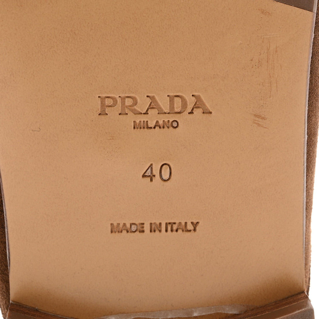 Prada Suede Metal Triangle Logo 10mm Loafer Mules 40 Cannella