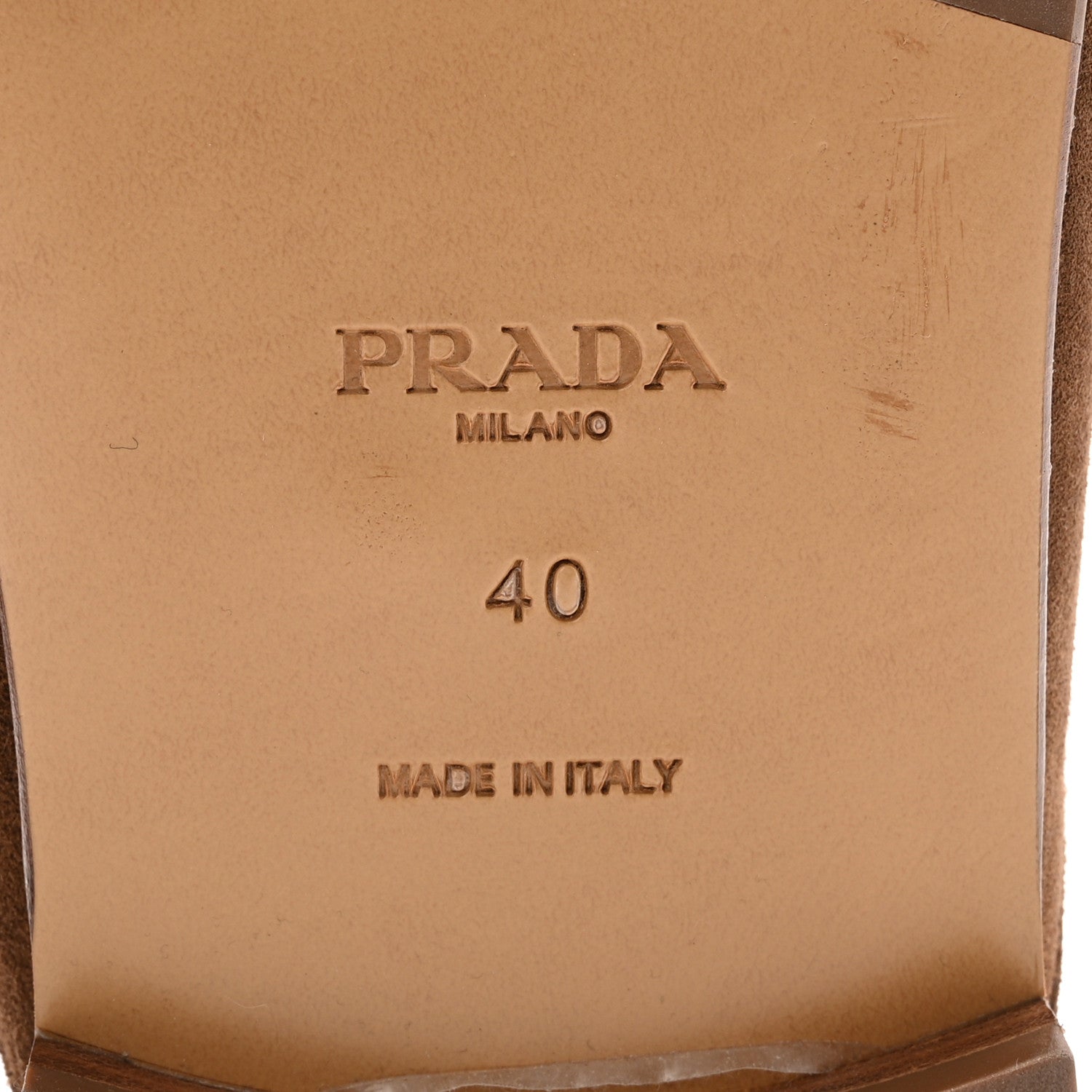 Prada Suede Metal Triangle Logo 10mm Loafer Mules 40 Cannella