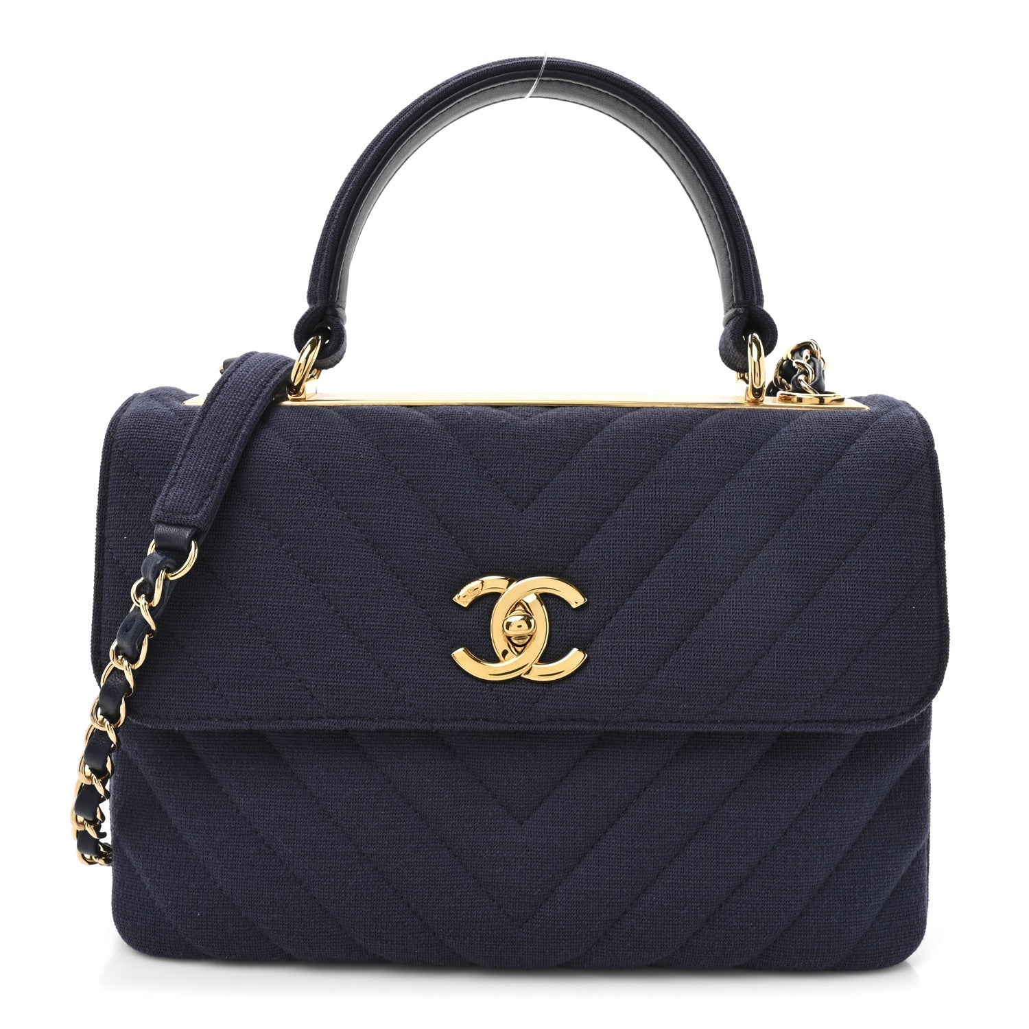 Chanel Jersey Chevron Quilted Small Trendy CC Dual Handle Flap Bag Navy Blue