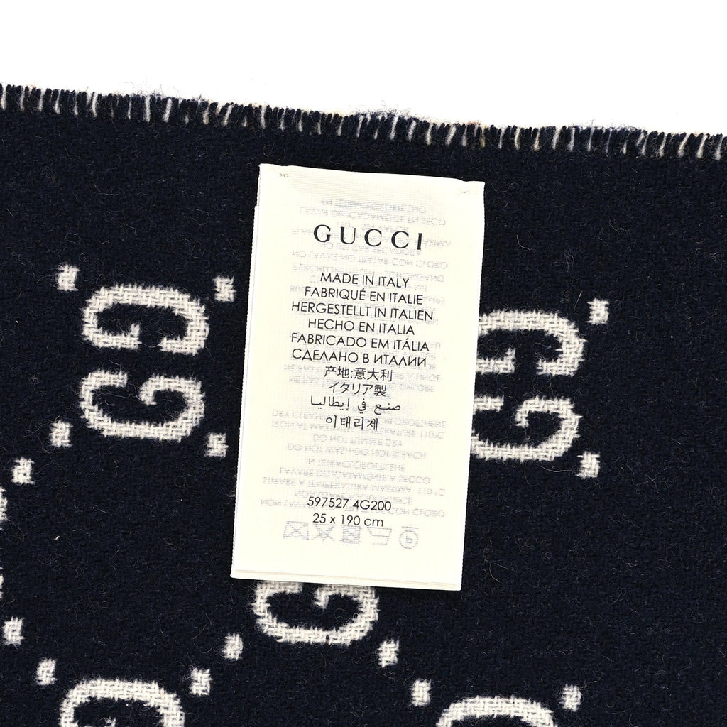 Gucci Wool GG Monogram Plaid Rise Reversible Fringe Scarf Midnight Blue Cream