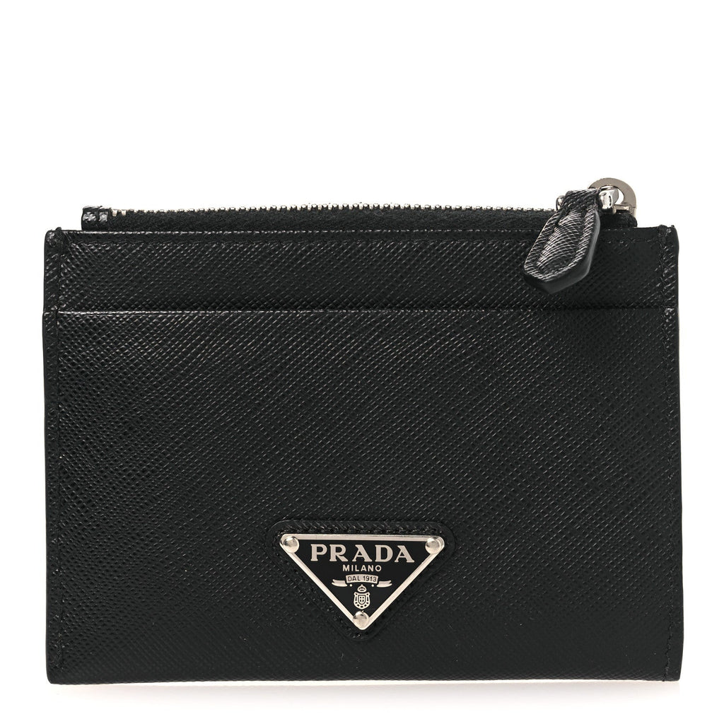 Prada Saffiano Triangle Zip Card Holder Black