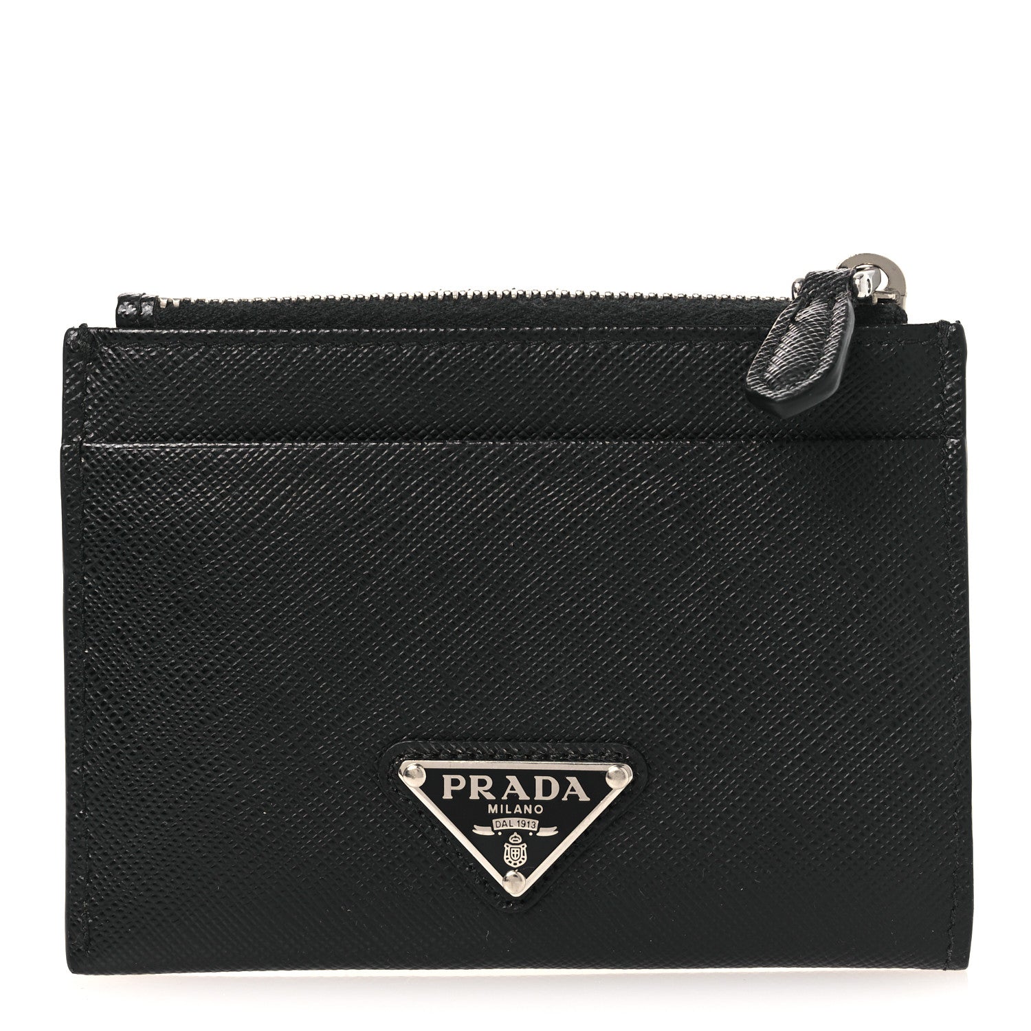 Prada Saffiano Triangle Zip Card Holder Black