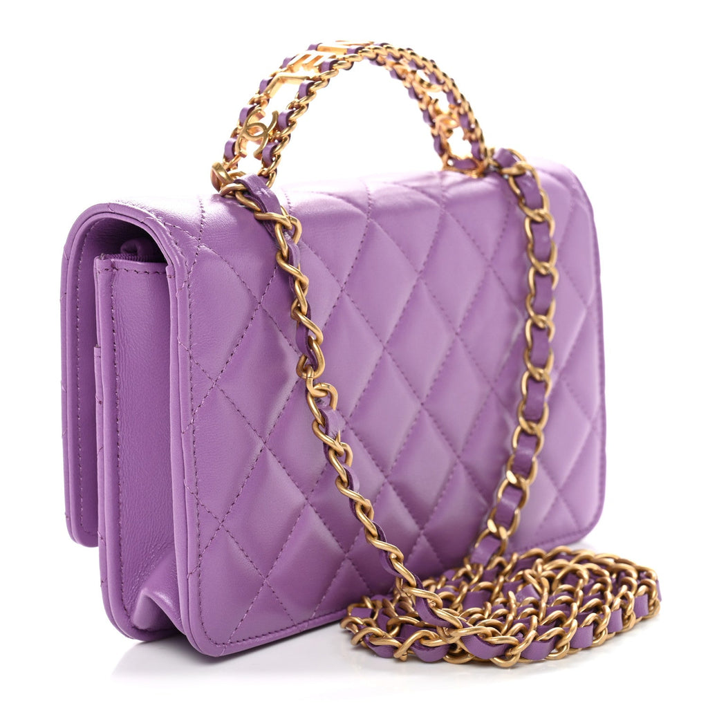 Chanel Lambskin Quilted Pick Me Up Wallet On Chain WOC Purple