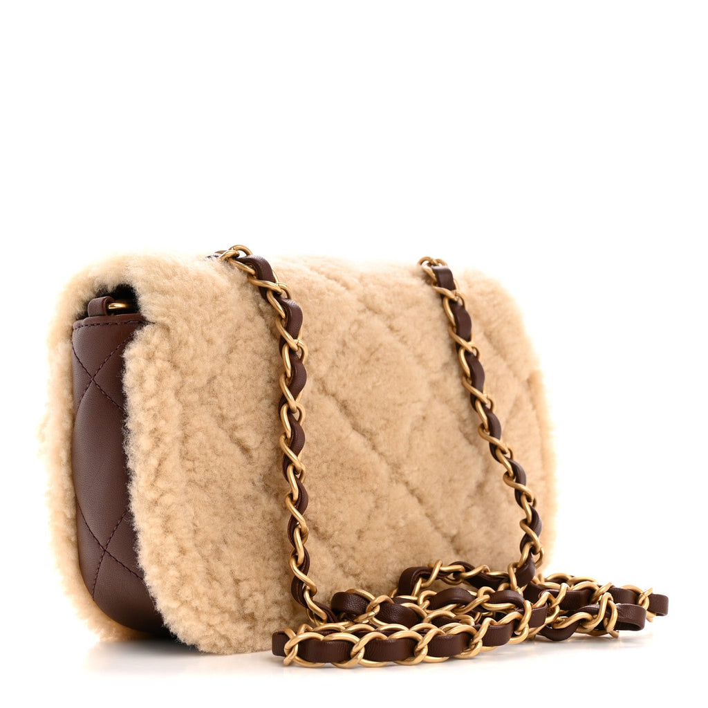 Chanel Shearling Lambskin Quilted Mini Furry Coco Flap Beige Brown