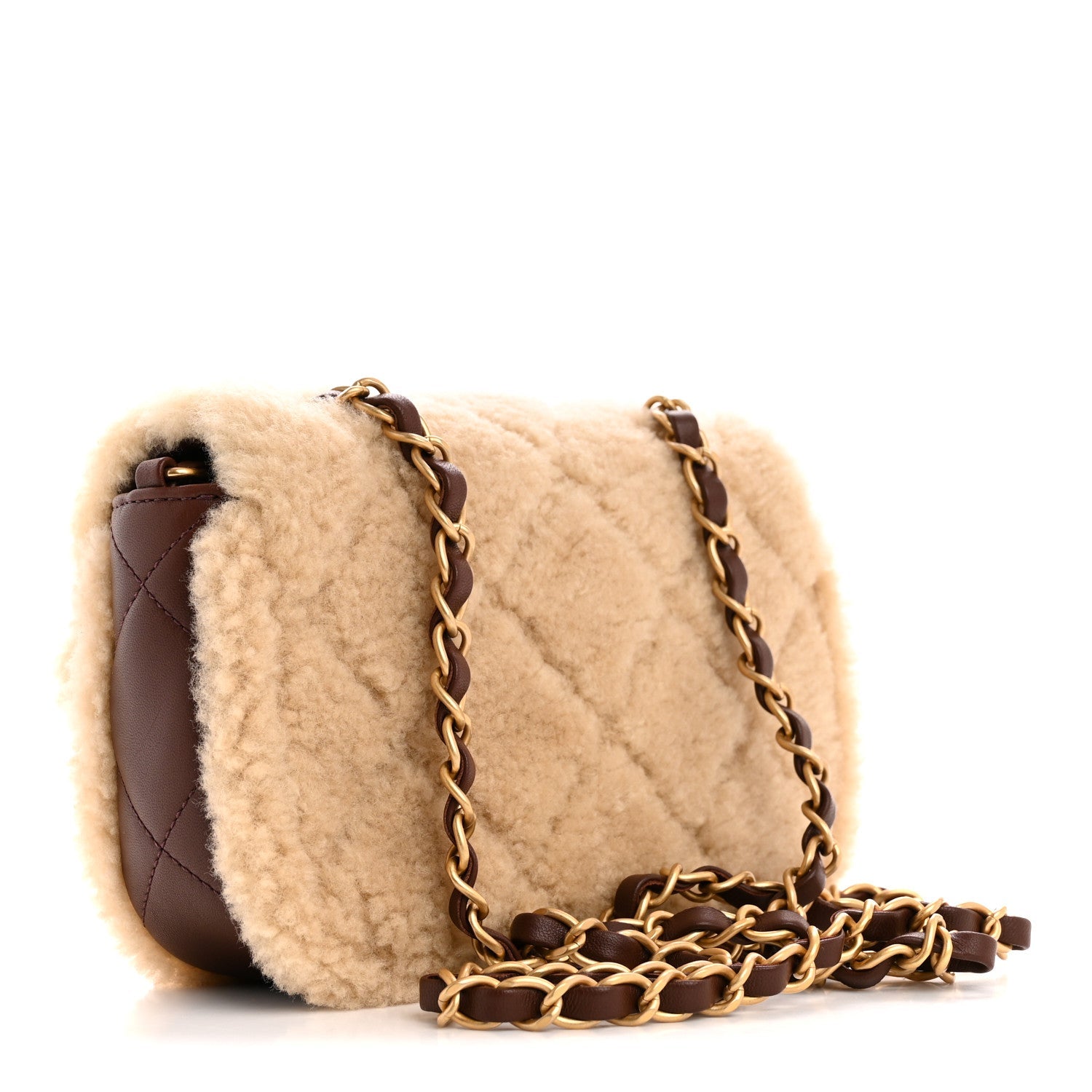 Chanel Shearling Lambskin Quilted Mini Furry Coco Flap Beige Brown