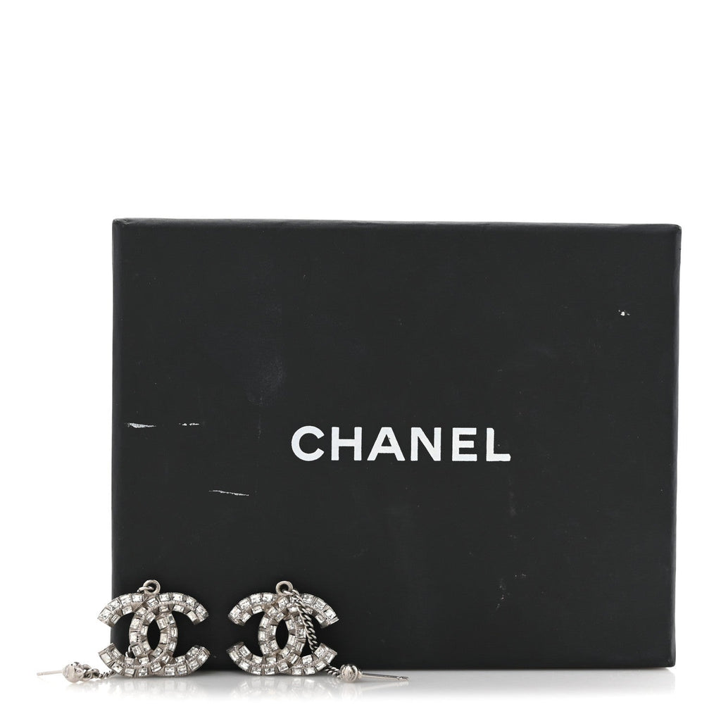 Baguette Crystal CC Drop Earrings Silver