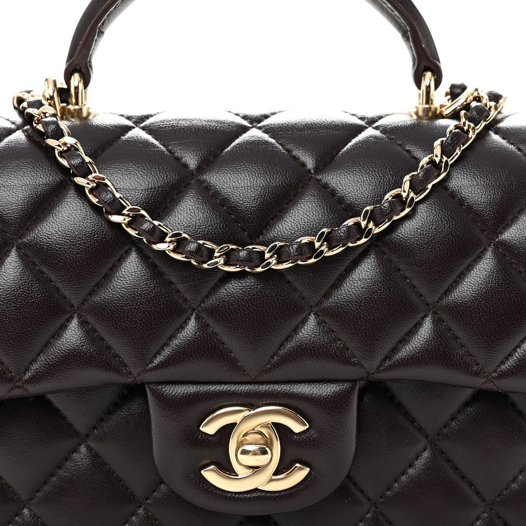 Chanel Lambskin Quilted Mini Top Handle Rectangular Flap Dark Purple