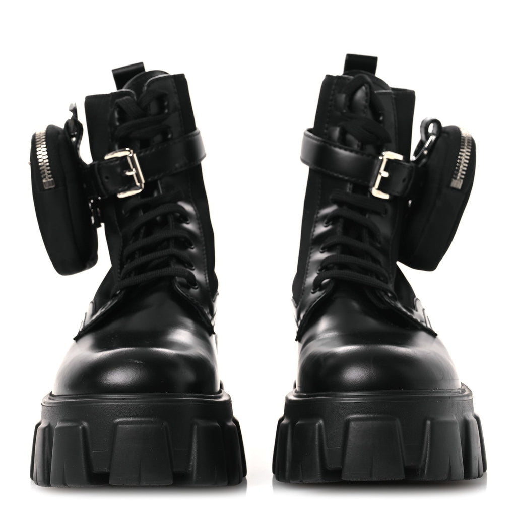 Prada Spazzolato Rois Nylon Metal Triangle Logo Monolith Pouch Pocket 55mm Boots 38 Black