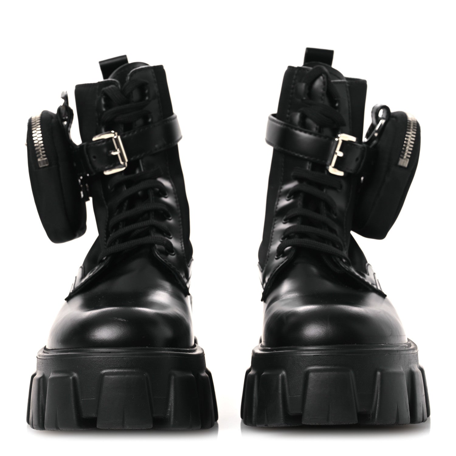 Prada Spazzolato Rois Nylon Metal Triangle Logo Monolith Pouch Pocket 55mm Boots 38 Black