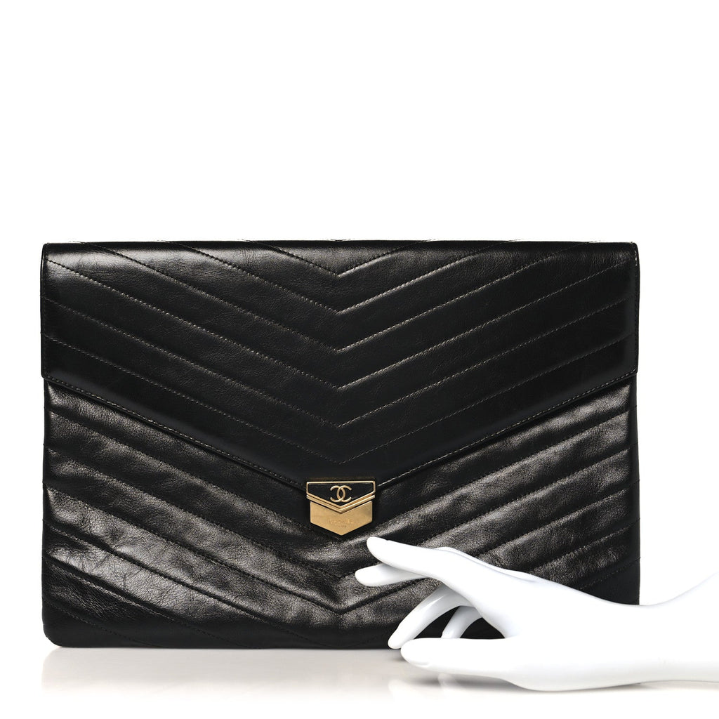 Calfskin Chevron Quilted Medal Flap Clutch Black