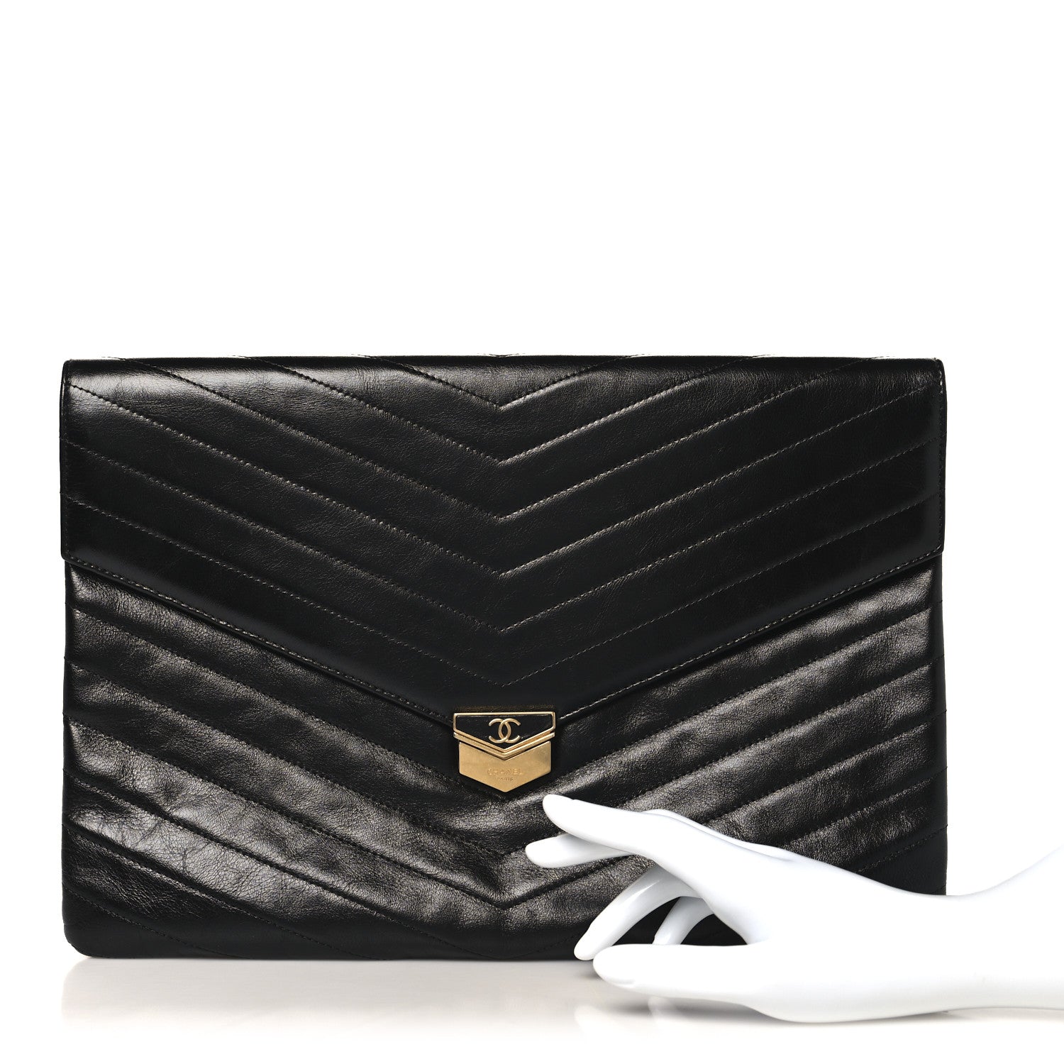 Calfskin Chevron Quilted Medal Flap Clutch Black