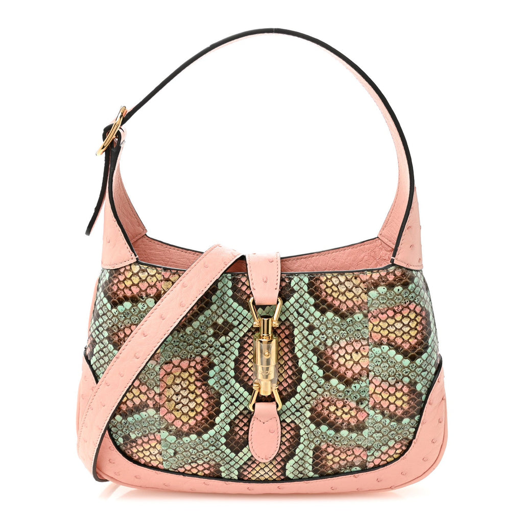 Gucci Snakeskin Ostrich Calfskin Small Jackie 1961 Hobo Pink Multicolor