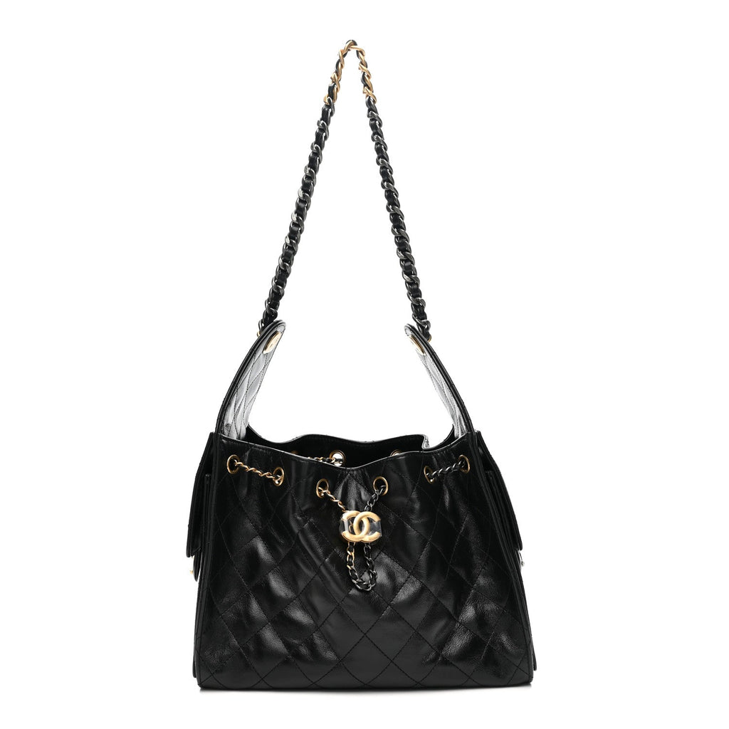 Chanel Shiny Crumpled Calfskin Quilted Small Chanel 25 Handbag Black
