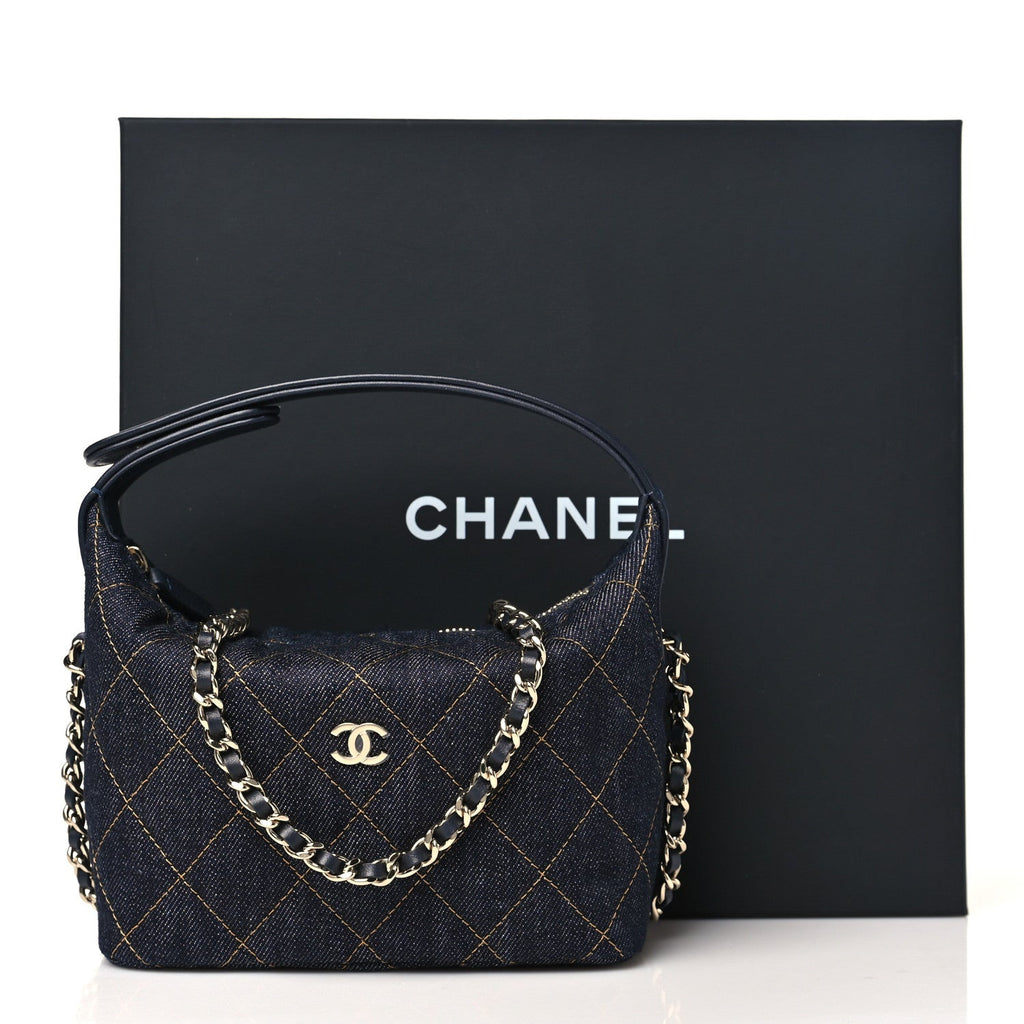 Chanel Denim Quilted Hobo Clutch With Chain Dark Blue Orange