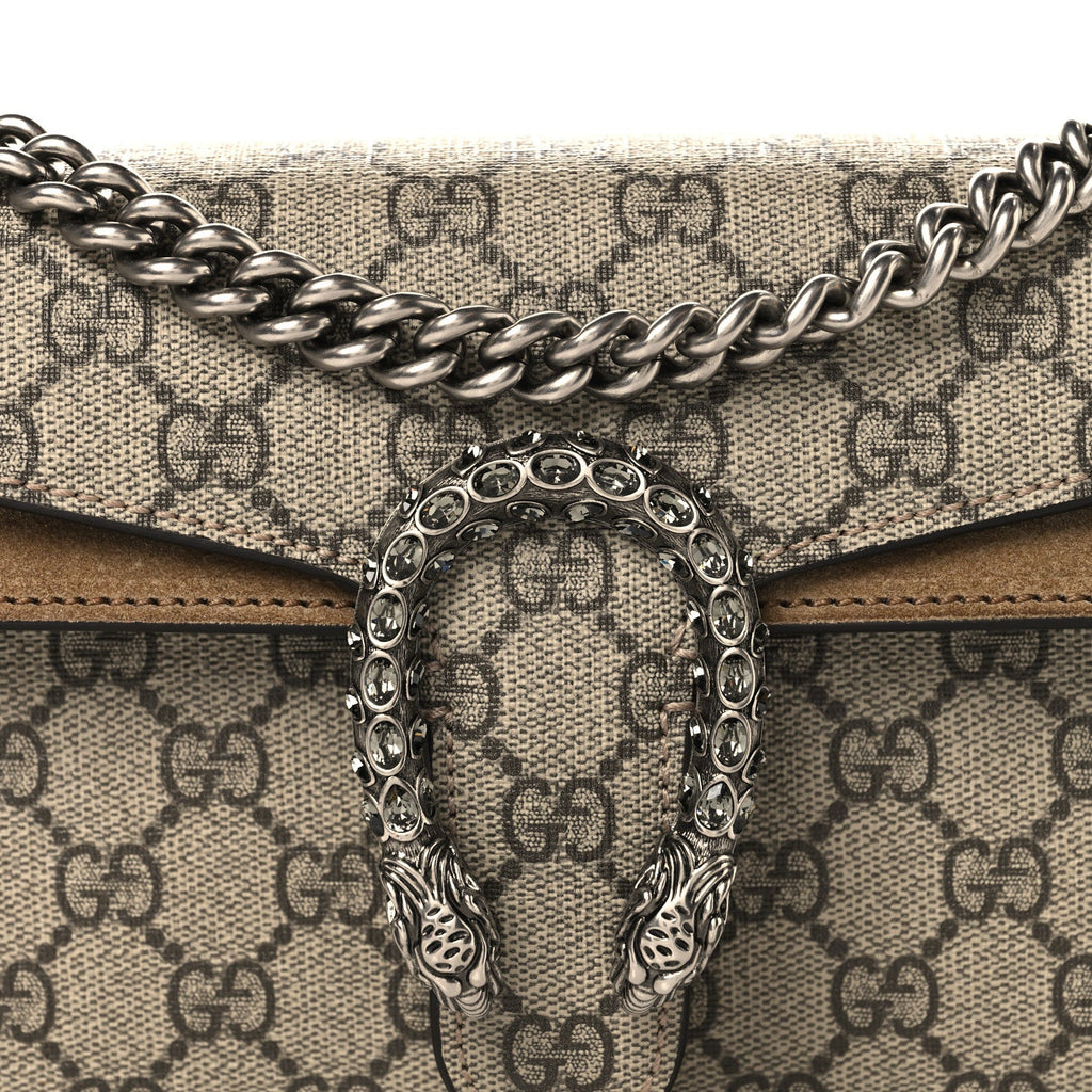 Gucci GG Supreme Monogram Suede Crystal Small Dionysus Shoulder Bag Beige Ebony Taupe