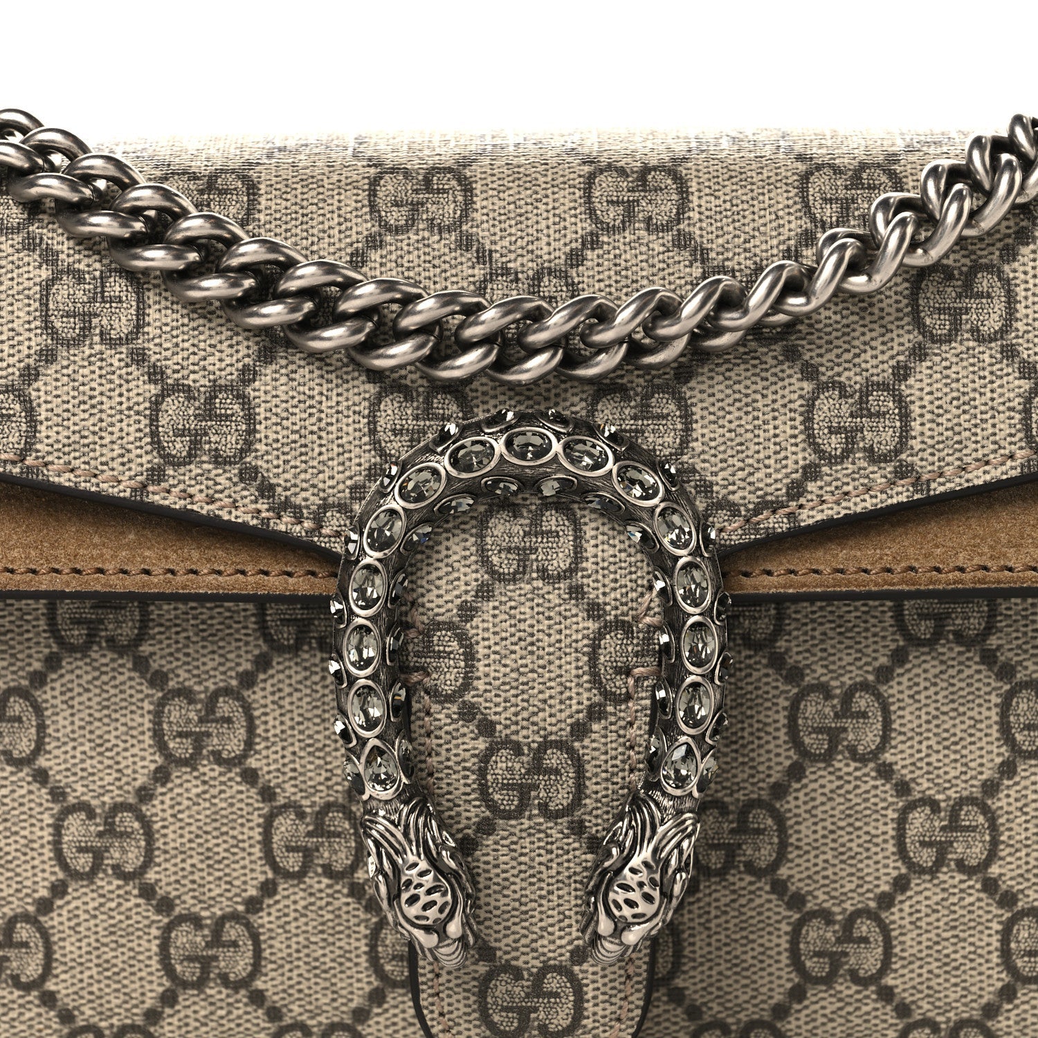 Gucci GG Supreme Monogram Suede Crystal Small Dionysus Shoulder Bag Beige Ebony Taupe