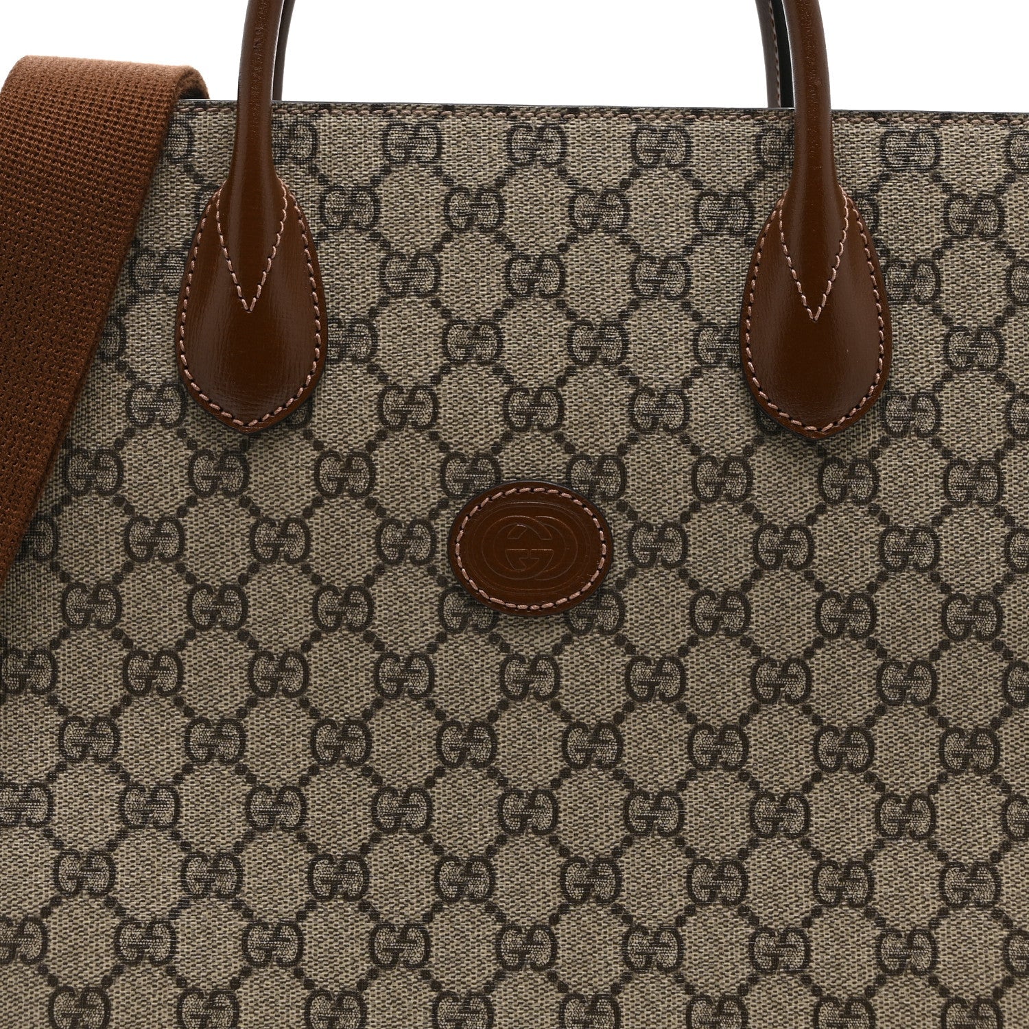 Gucci GG Supreme Monogram Textured Dollar Calfskin Web Small Retro Interlocking G Vertical Tote Bag Beige Ebony Brown Sugar