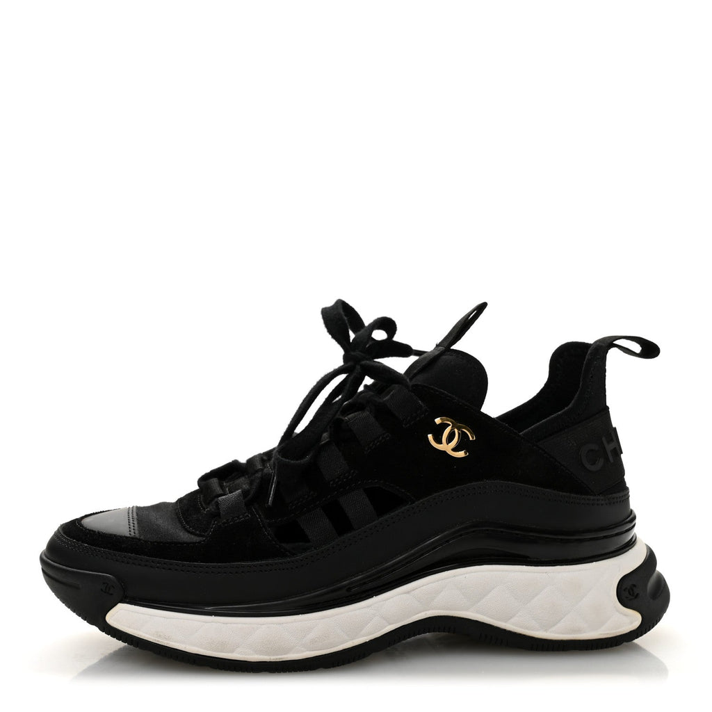 Chanel Velvet Calfskin Mixed Fibers CC Sneakers 35.5 Black